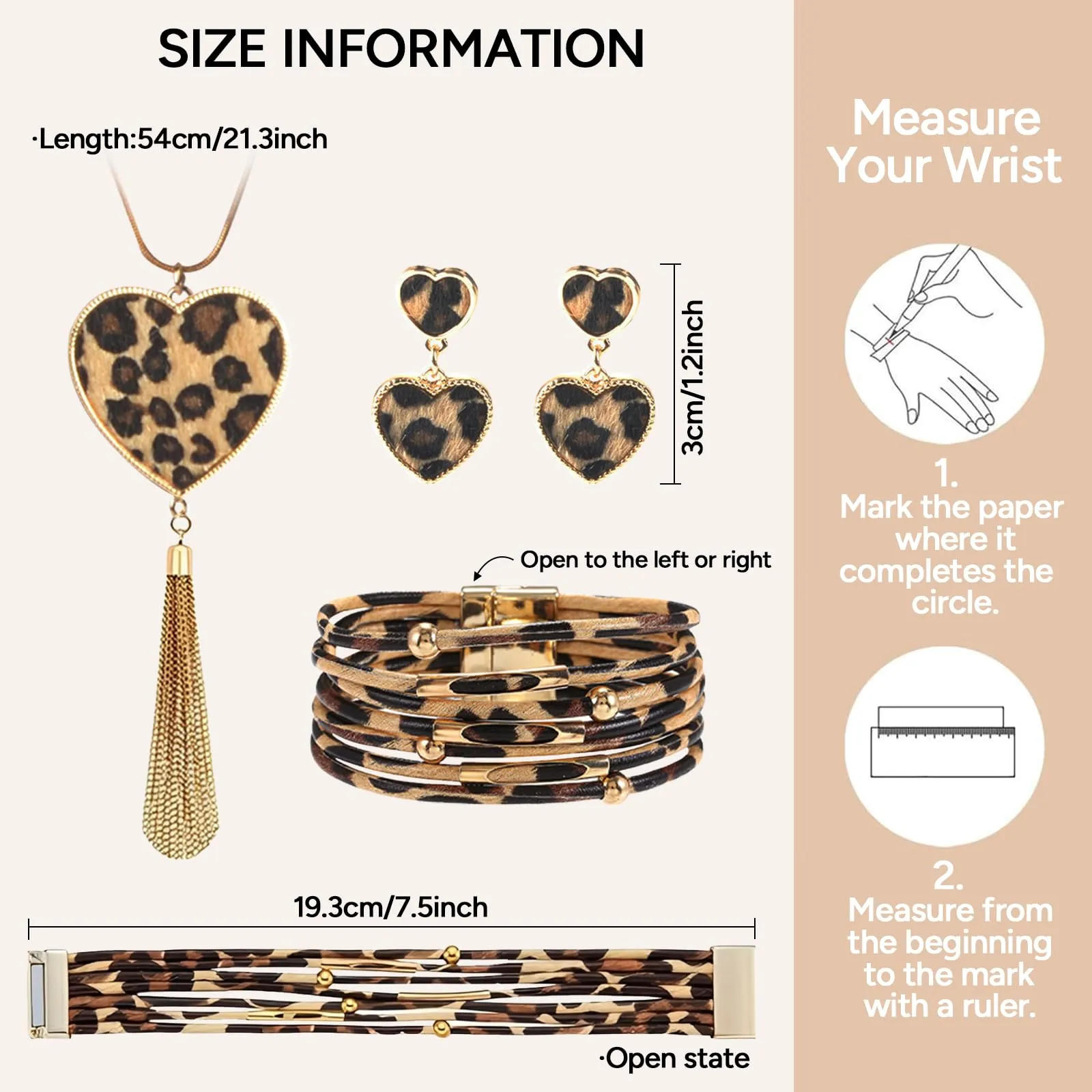 Bcenoilua Set di Gioielli Bohémien Leopardato con Collana Lunga, Braccialetto in Pelle Multistrato e Orecchini Pendenti, Oro-D - immagine 2