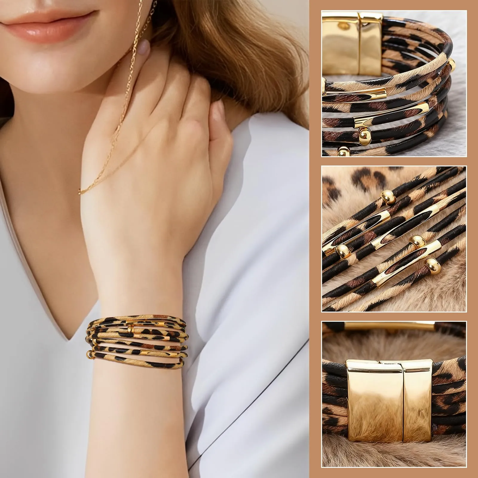 Bcenoilua Set di Gioielli Bohémien Leopardato con Collana Lunga, Braccialetto in Pelle Multistrato e Orecchini Pendenti, Oro-D - immagine 7