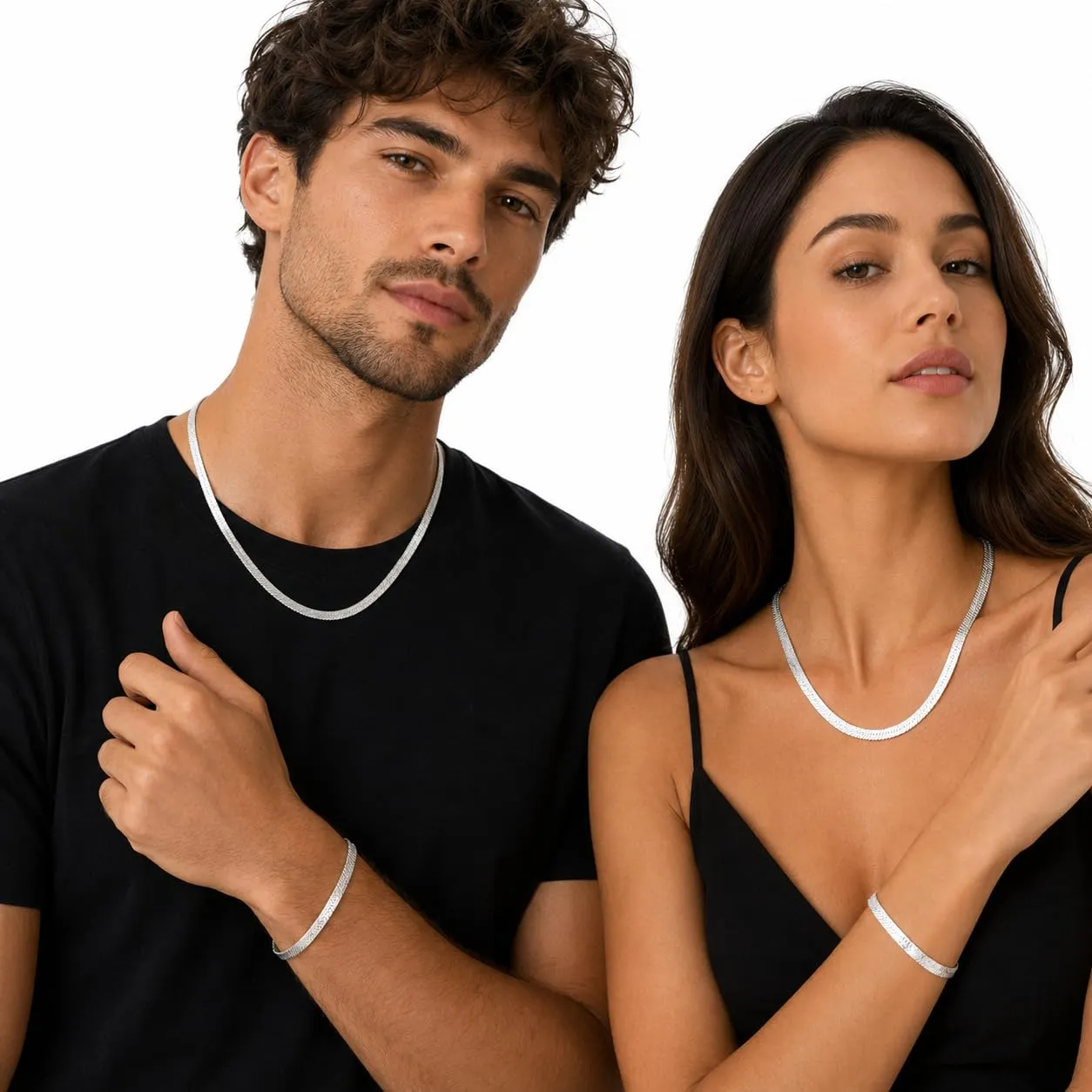 Generico Set Collana e Bracciale in Argento S925 Unisex, Maglia Snake Piatta, 50 cm + 20 cm - immagine 2