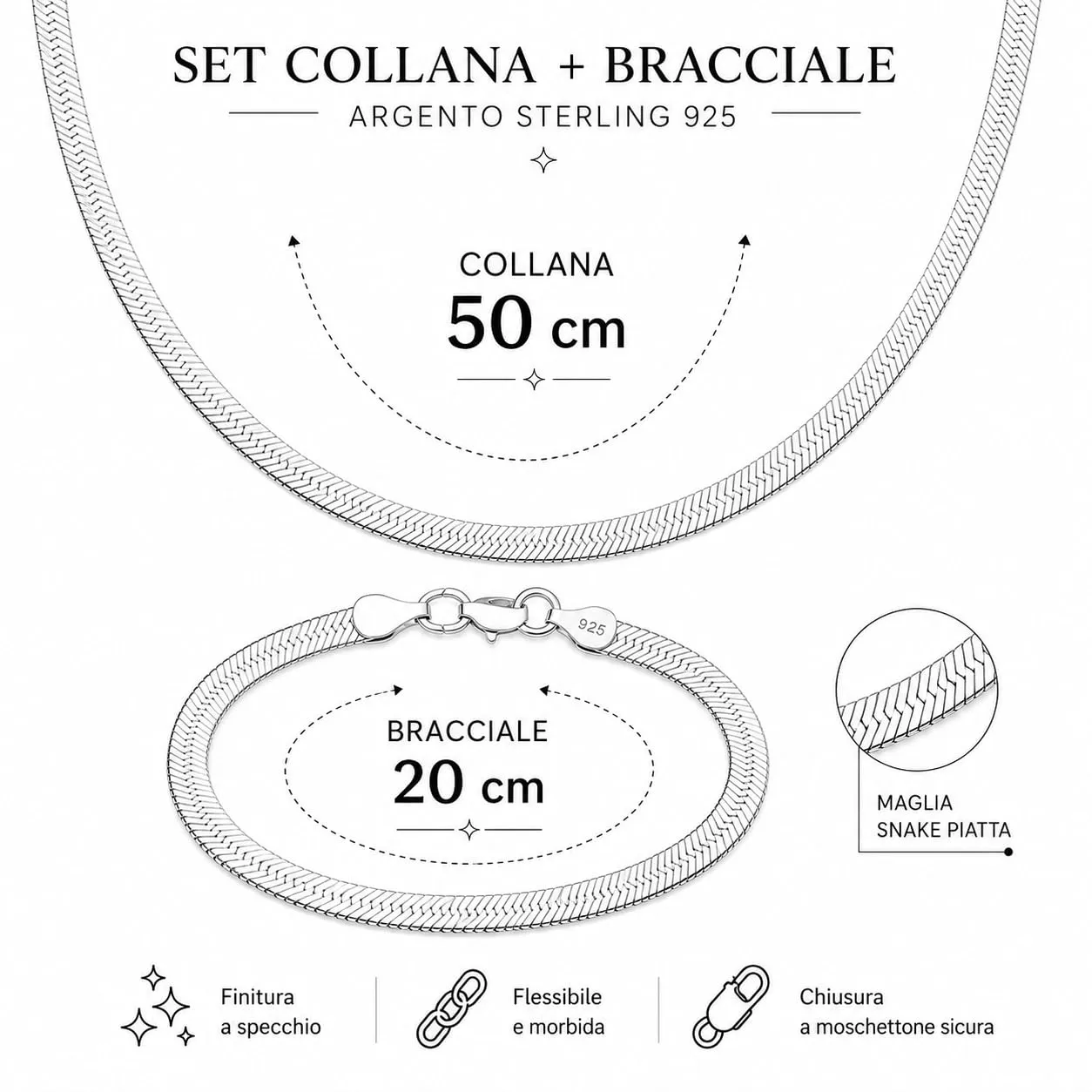 Generico Set Collana e Bracciale in Argento S925 Unisex, Maglia Snake Piatta, 50 cm + 20 cm - immagine 3