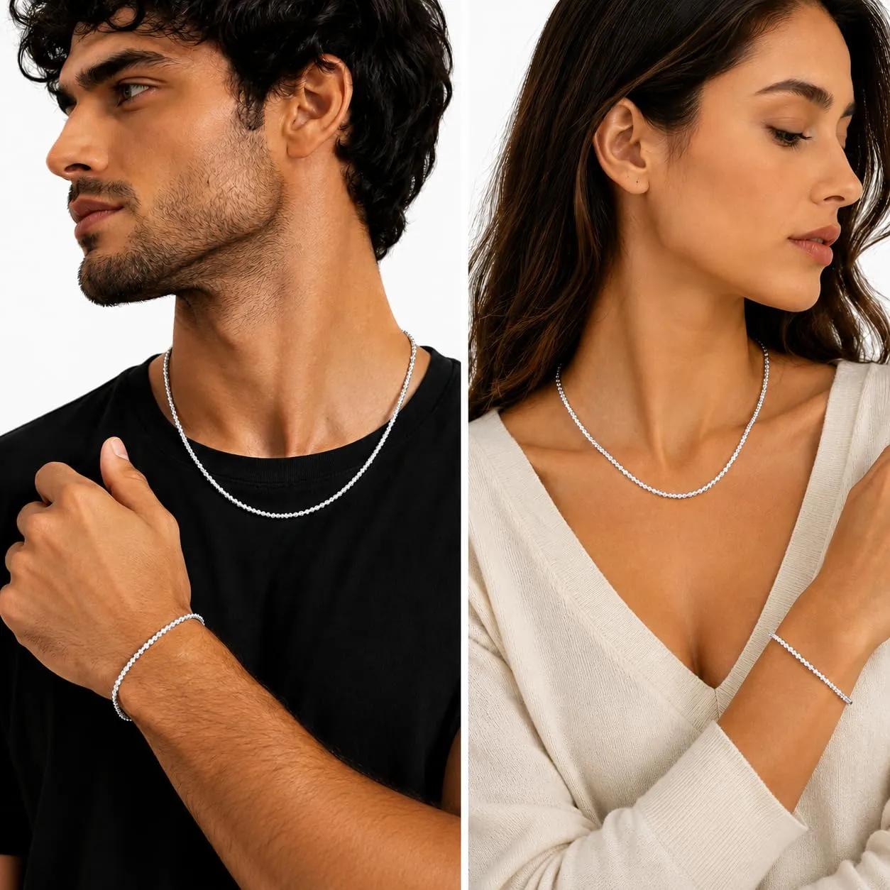 Generico Set Collana e Bracciale in Argento S925 Unisex 50 cm + 20 cm Maglia Sfaccettata - immagine 2