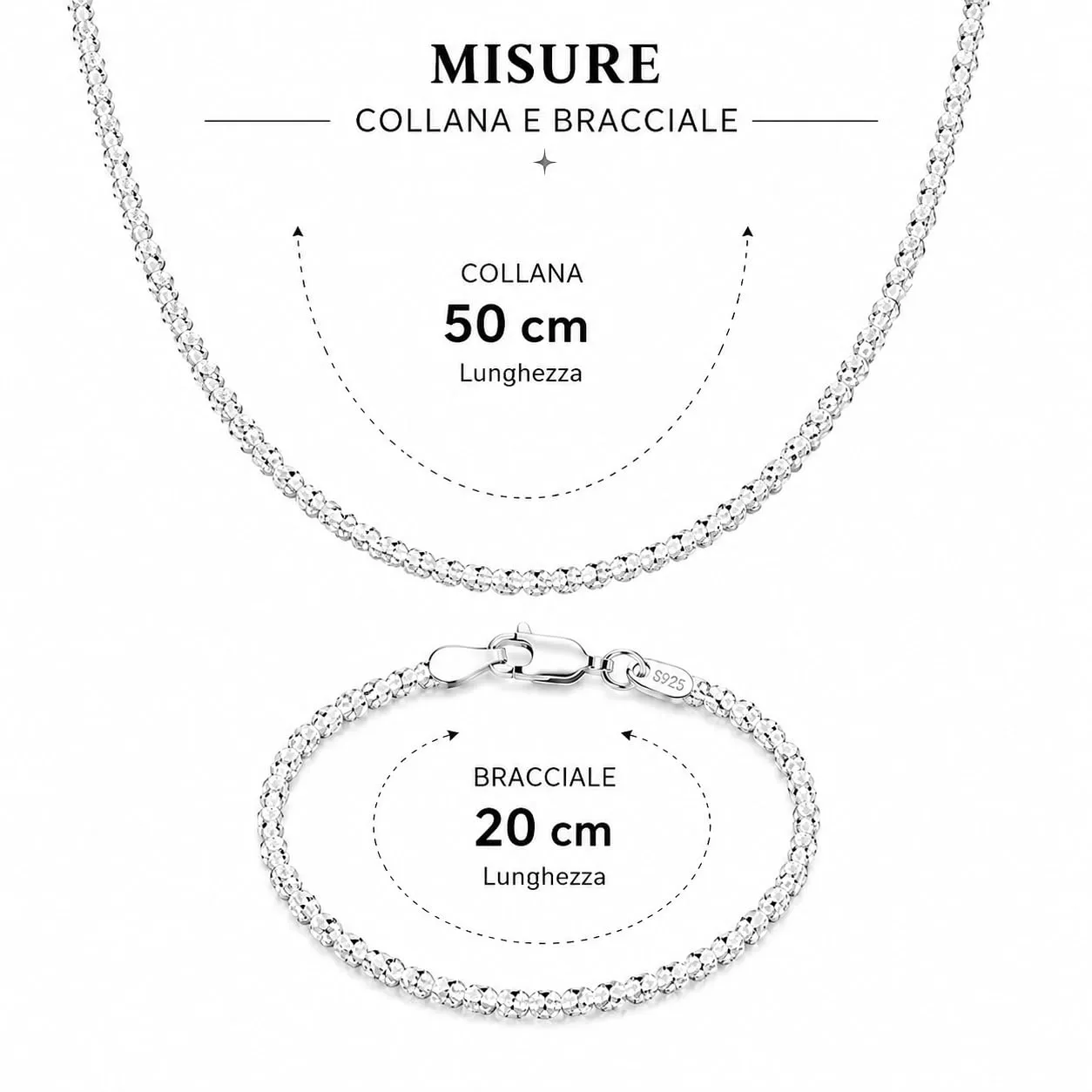 Generico Set Collana e Bracciale in Argento S925 Unisex 50 cm + 20 cm Maglia Sfaccettata - immagine 3