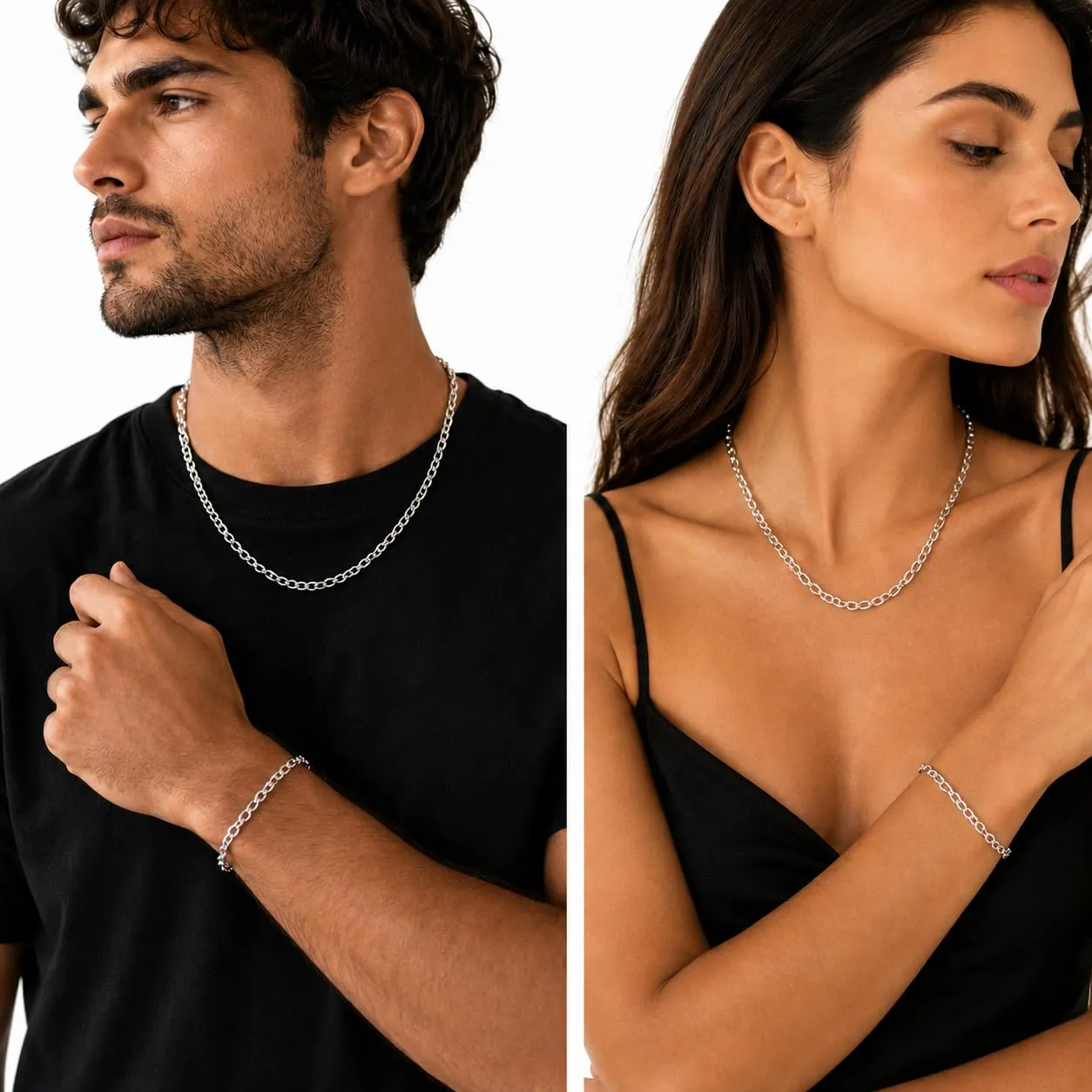 Generico Set Collana e Bracciale Argento S925 Unisex, 50 cm + 20 cm, Maglia Forzatina Classica - immagine 2