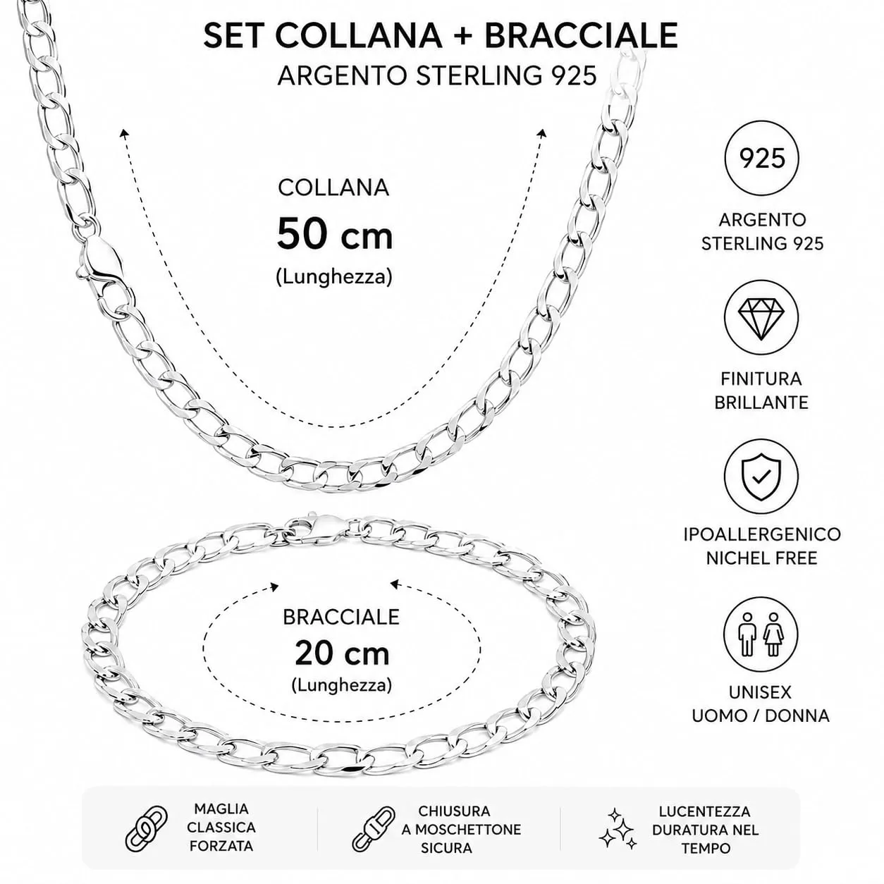 Generico Set Collana e Bracciale Argento S925 Unisex, 50 cm + 20 cm, Maglia Forzatina Classica - immagine 3