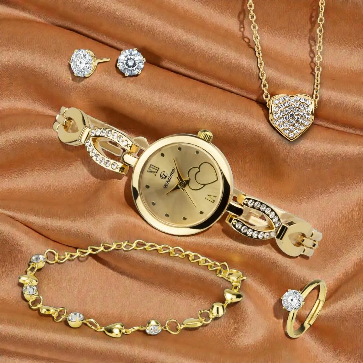 BELLOS Cofanetto Orologio Donna con Parure di Gioielli - Collana, Anello, Orecchini e Cinturino - Oro - immagine 5