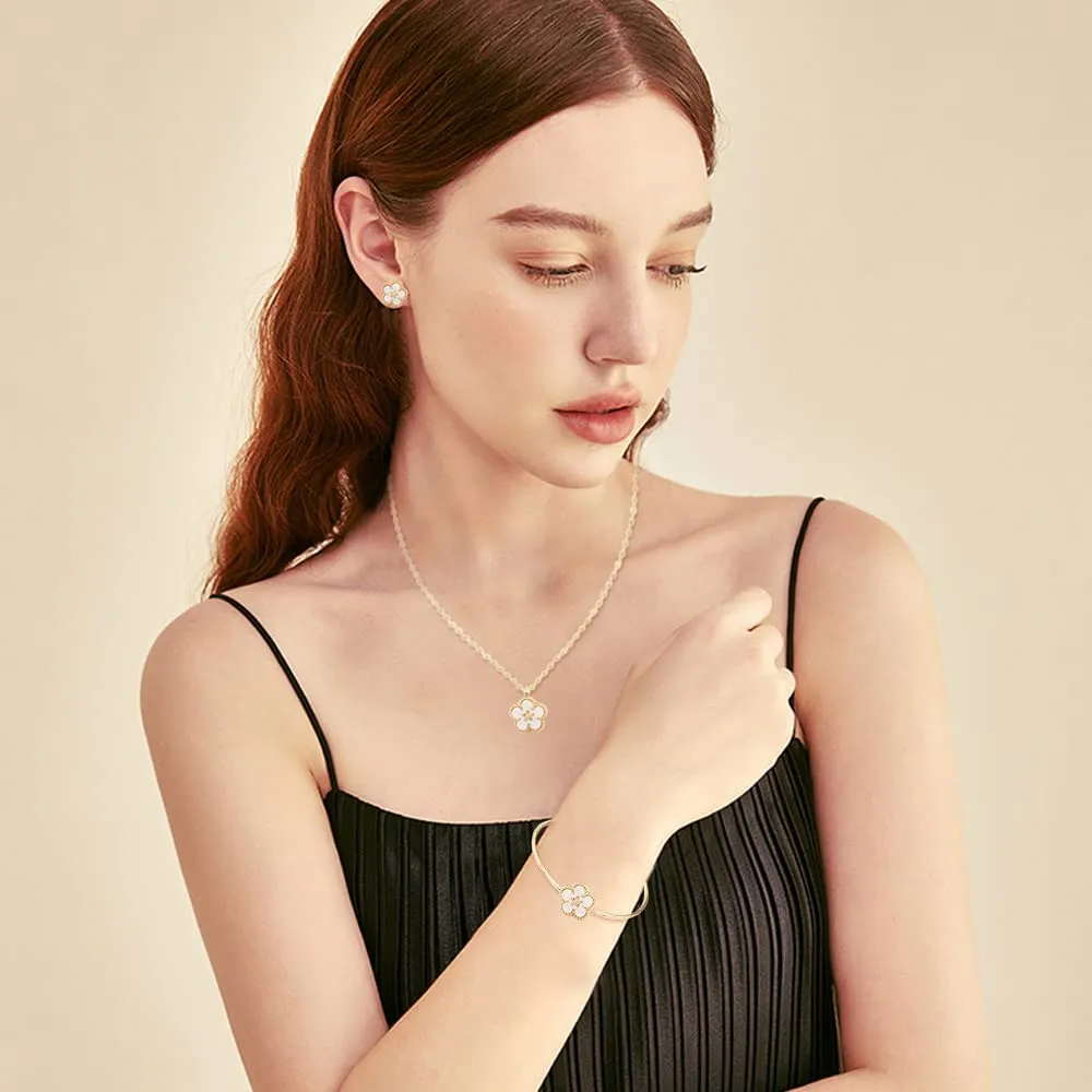 QKEPCY Set Gioielli Donna Fiore Margherita 5 Pezzi - Collana, Bracciale Rigido, Orecchini e Anello - immagine 5