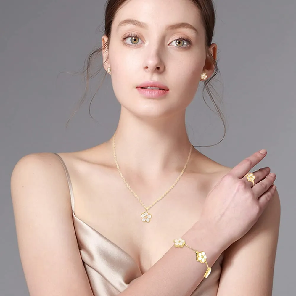 QKEPCY Set Gioielli Donna Fiore Margherita 5 Pezzi - Collana, Bracciale Rigido, Orecchini e Anello - immagine 7