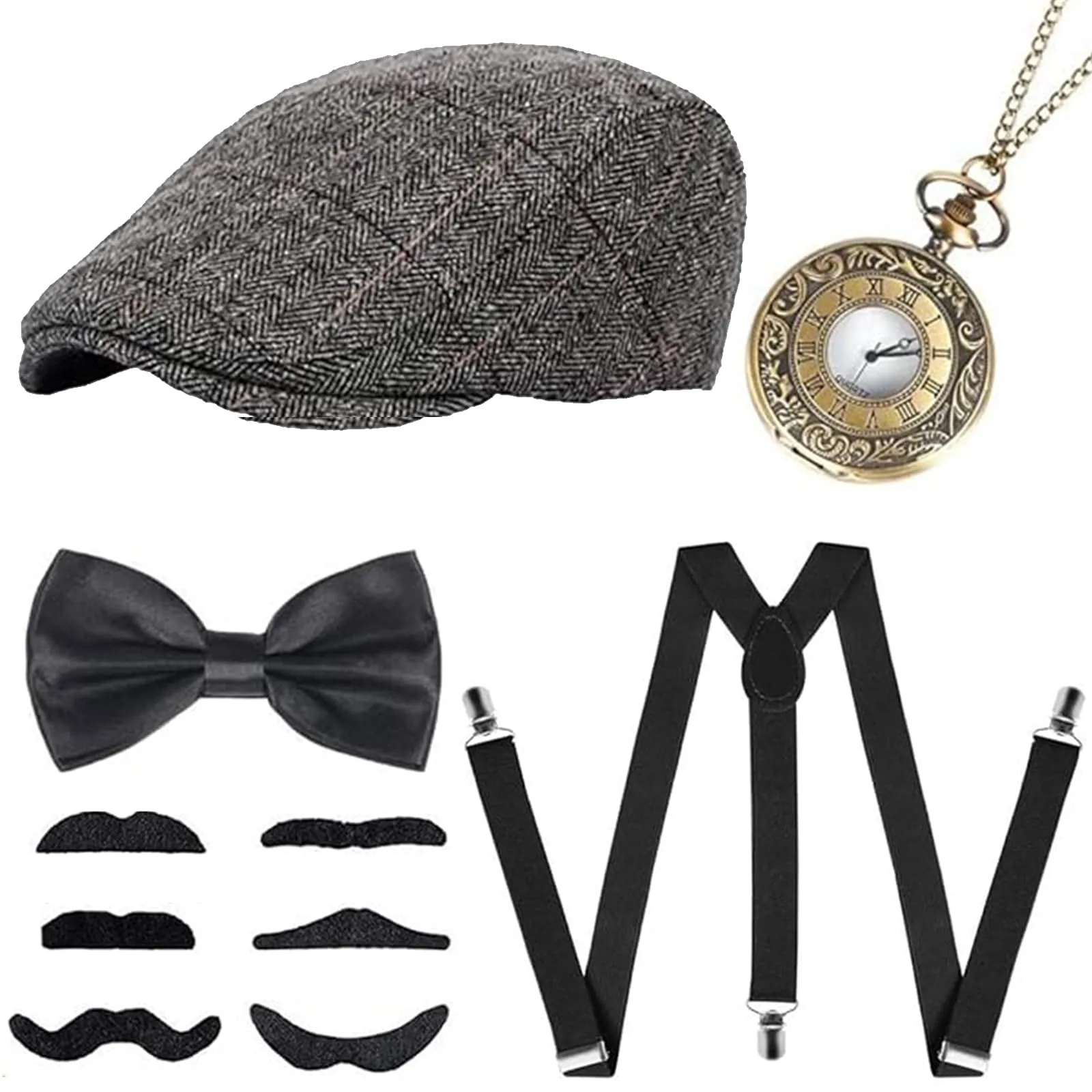 Xrten Set Accessori Costume Gangster Anni '20 Gatsby per Uomo con Cappello Panama, Bretelle, Papillon, Orologio da Taschino e Baffi Finti - immagine 1