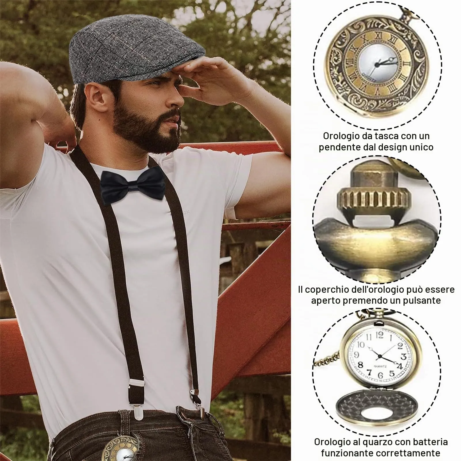 Xrten Set Accessori Costume Gangster Anni '20 Gatsby per Uomo con Cappello Panama, Bretelle, Papillon, Orologio da Taschino e Baffi Finti - immagine 3