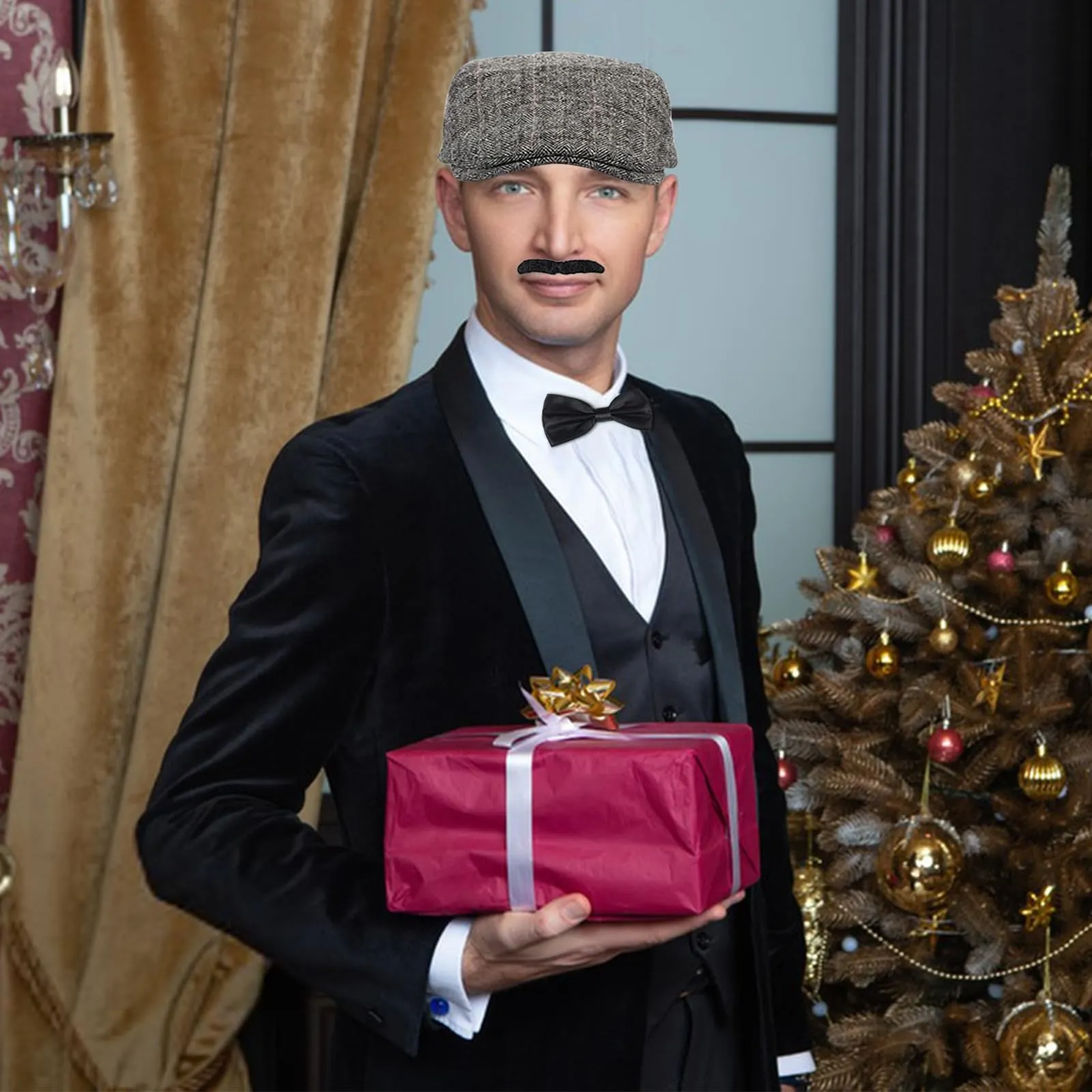 Xrten Set Accessori Costume Gangster Anni '20 Gatsby per Uomo con Cappello Panama, Bretelle, Papillon, Orologio da Taschino e Baffi Finti - immagine 4