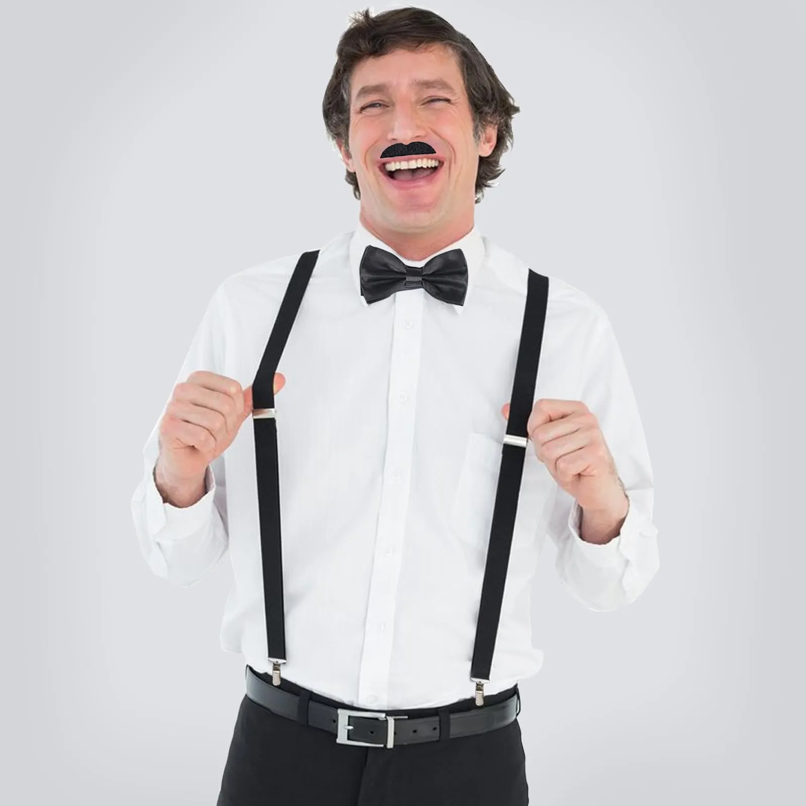 Xrten Set Accessori Costume Gangster Anni '20 Gatsby per Uomo con Cappello Panama, Bretelle, Papillon, Orologio da Taschino e Baffi Finti - immagine 7