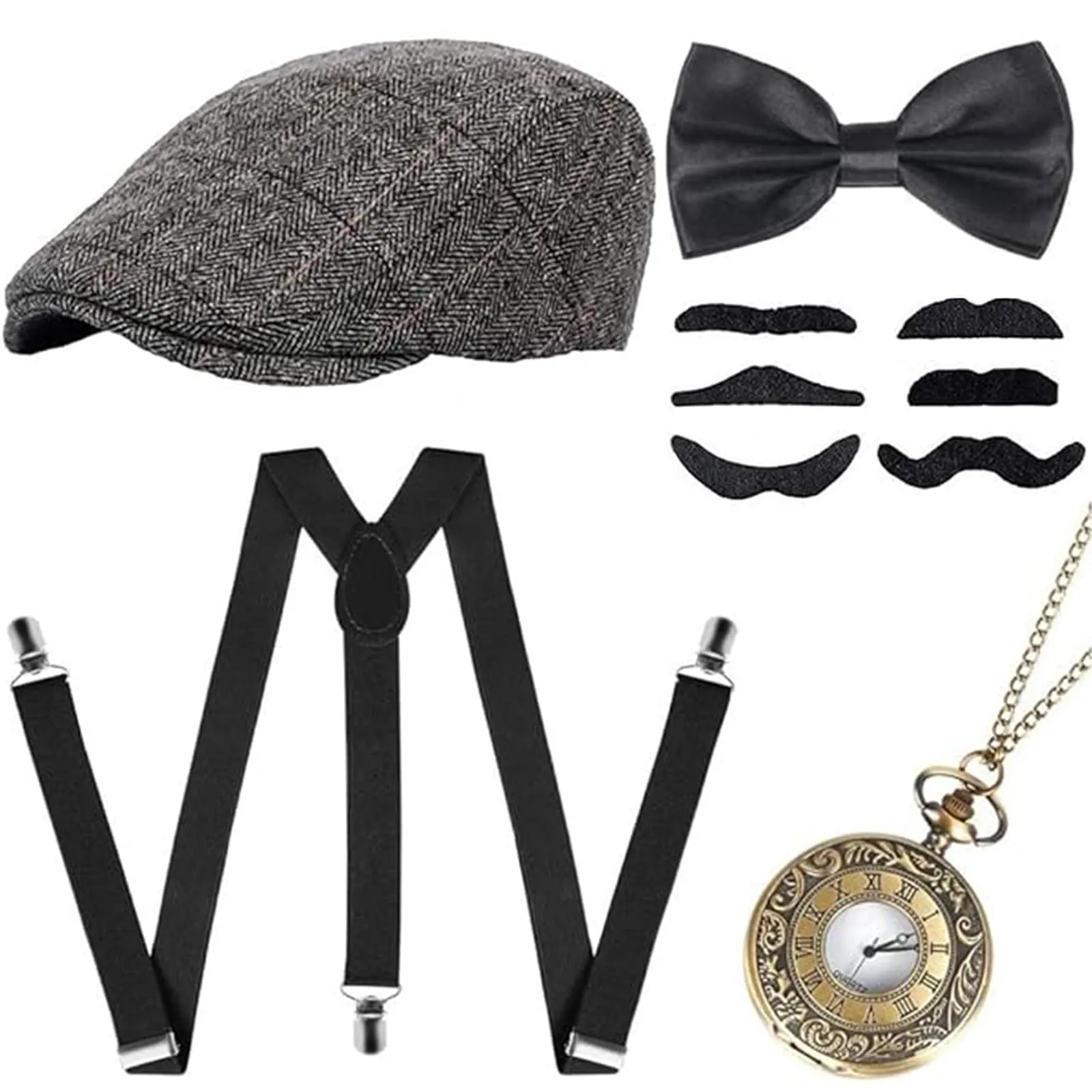 Xrten Set Accessori Costume Gangster Anni '20 Gatsby per Uomo con Cappello Panama, Bretelle, Papillon, Orologio da Taschino e Baffi Finti - immagine 8