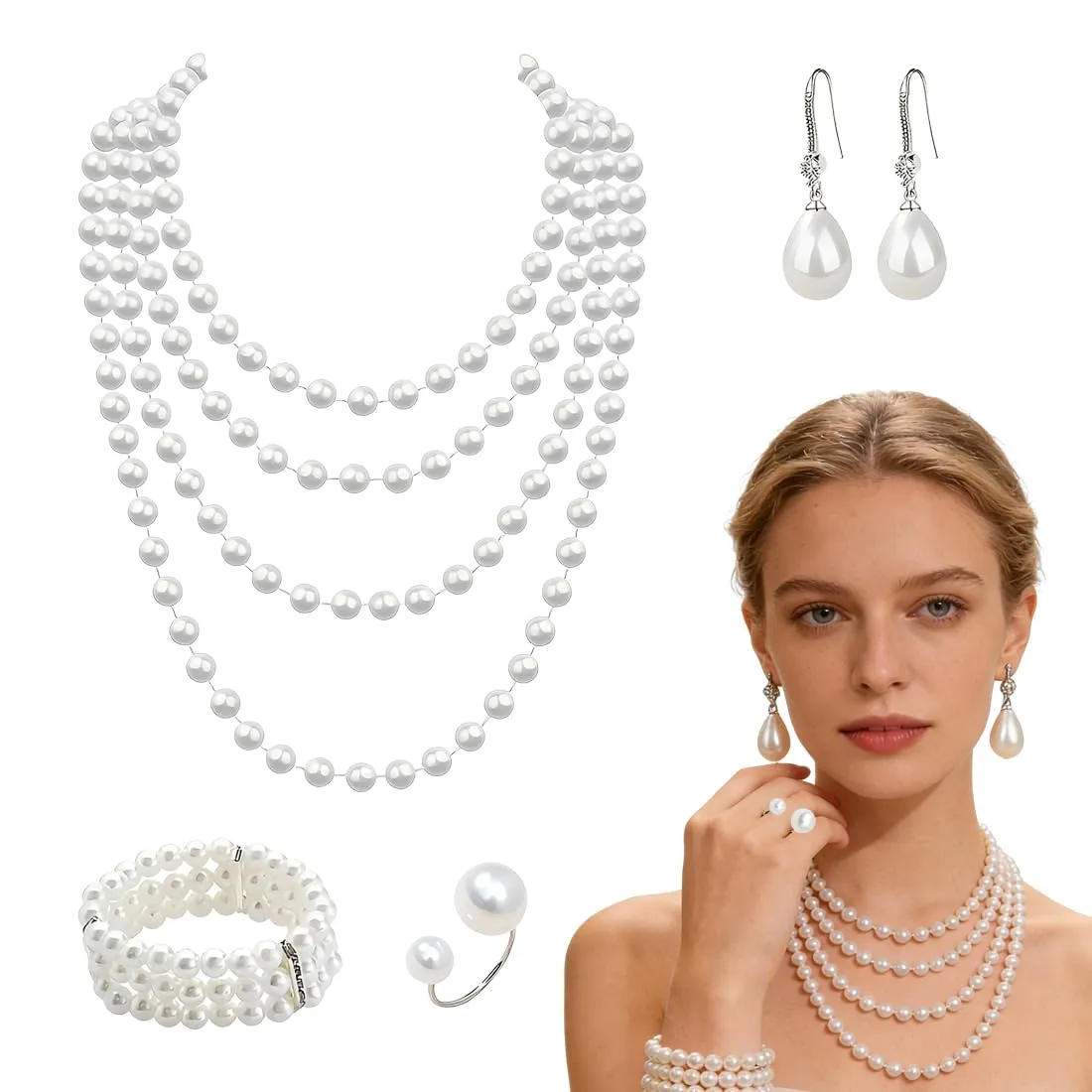 KRFWGUU Set di Gioielli di Perle 4 Pezzi: Collana, Bracciale a 3 File, Orecchini e Anello, Stile Anni '20 - immagine 1