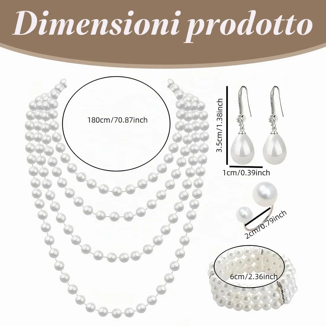 KRFWGUU Set di Gioielli di Perle 4 Pezzi: Collana, Bracciale a 3 File, Orecchini e Anello, Stile Anni '20 - immagine 2