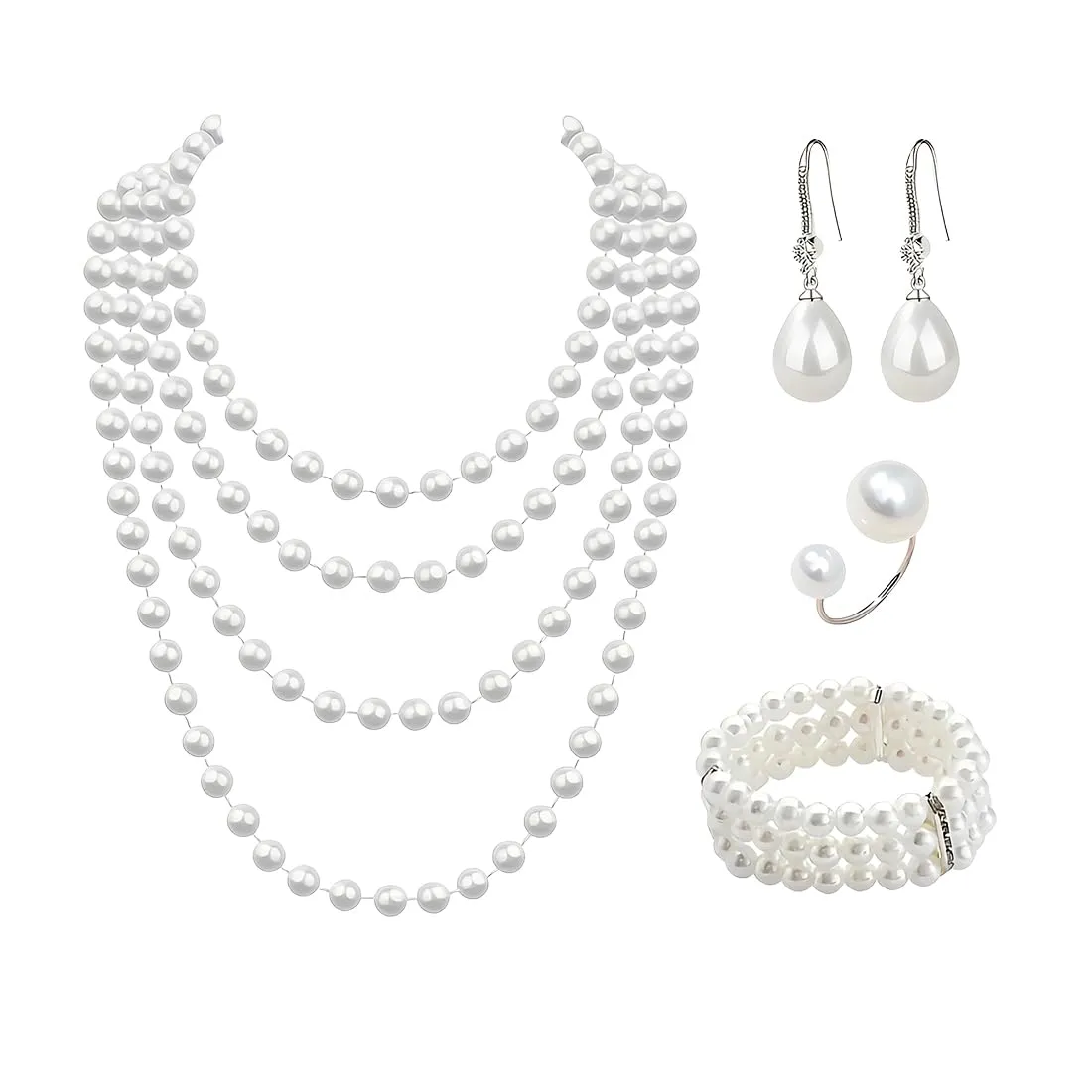 KRFWGUU Set di Gioielli di Perle 4 Pezzi: Collana, Bracciale a 3 File, Orecchini e Anello, Stile Anni '20 - immagine 7