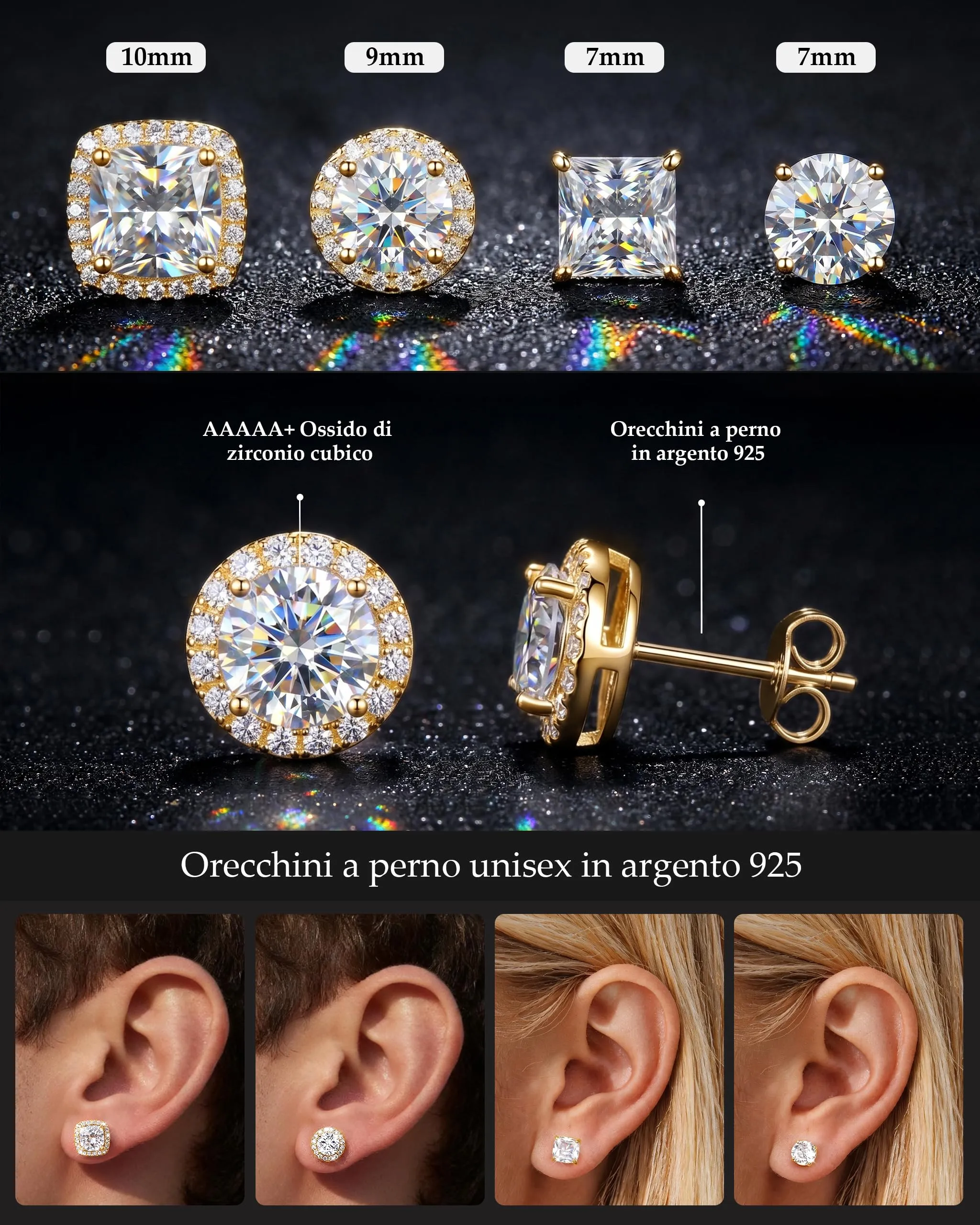 Ahokei Orecchini in Argento 925 con Zirconi Bianchi, 4 Paia - immagine 2