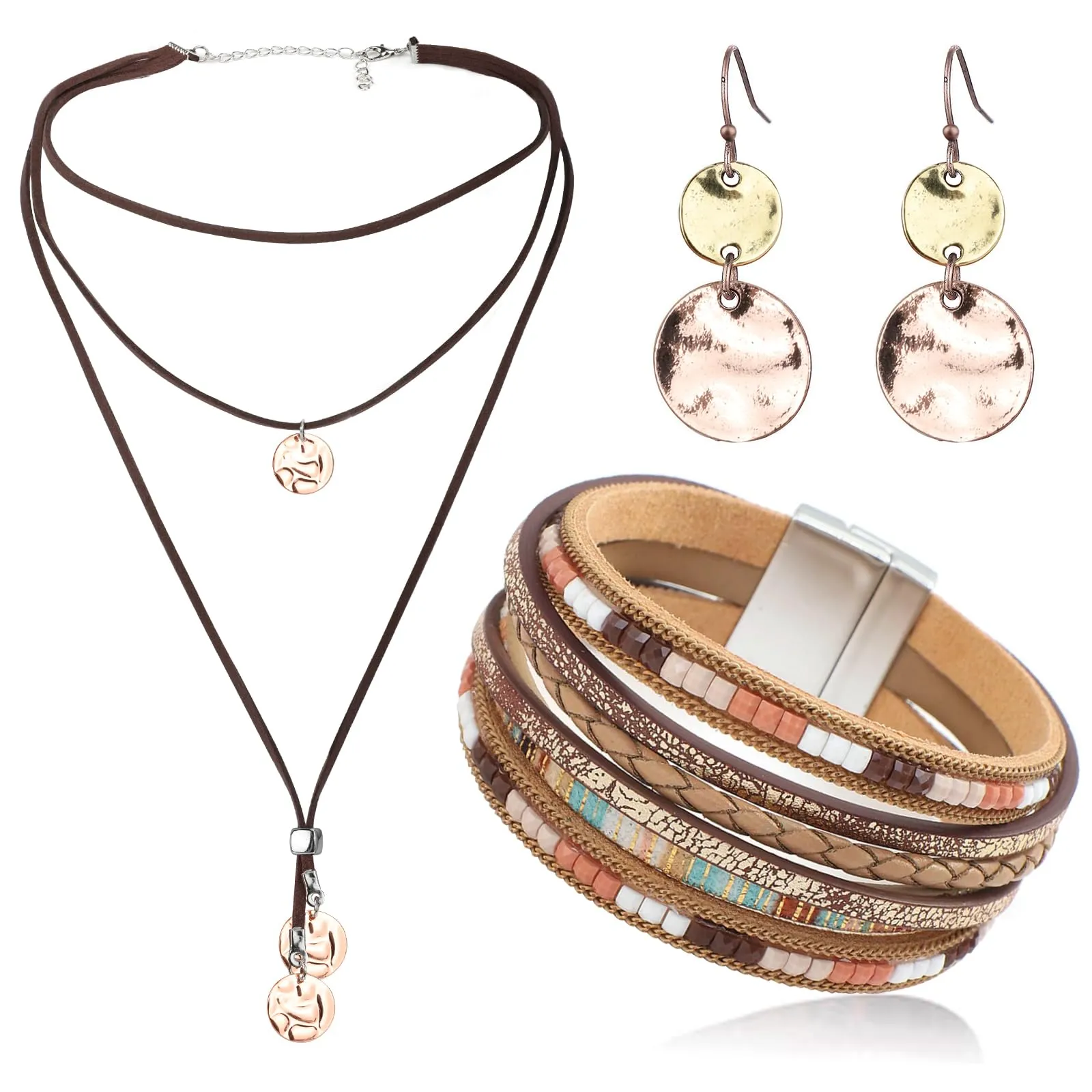 MWOOT Set Gioielli Bohemien per Donne - Collana e Braccialetto in Pelle Multistrato, Orecchini Pendenti a Disco Western - immagine 1