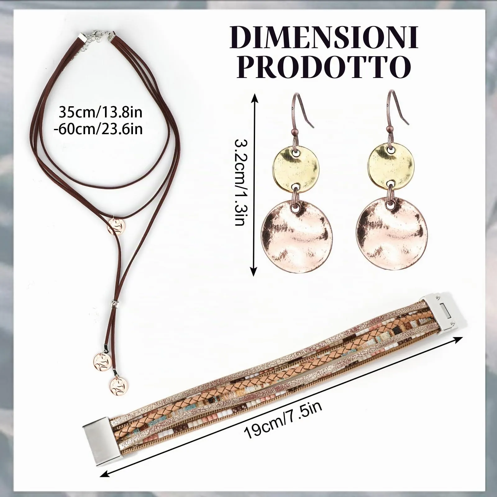 MWOOT Set Gioielli Bohemien per Donne - Collana e Braccialetto in Pelle Multistrato, Orecchini Pendenti a Disco Western - immagine 2