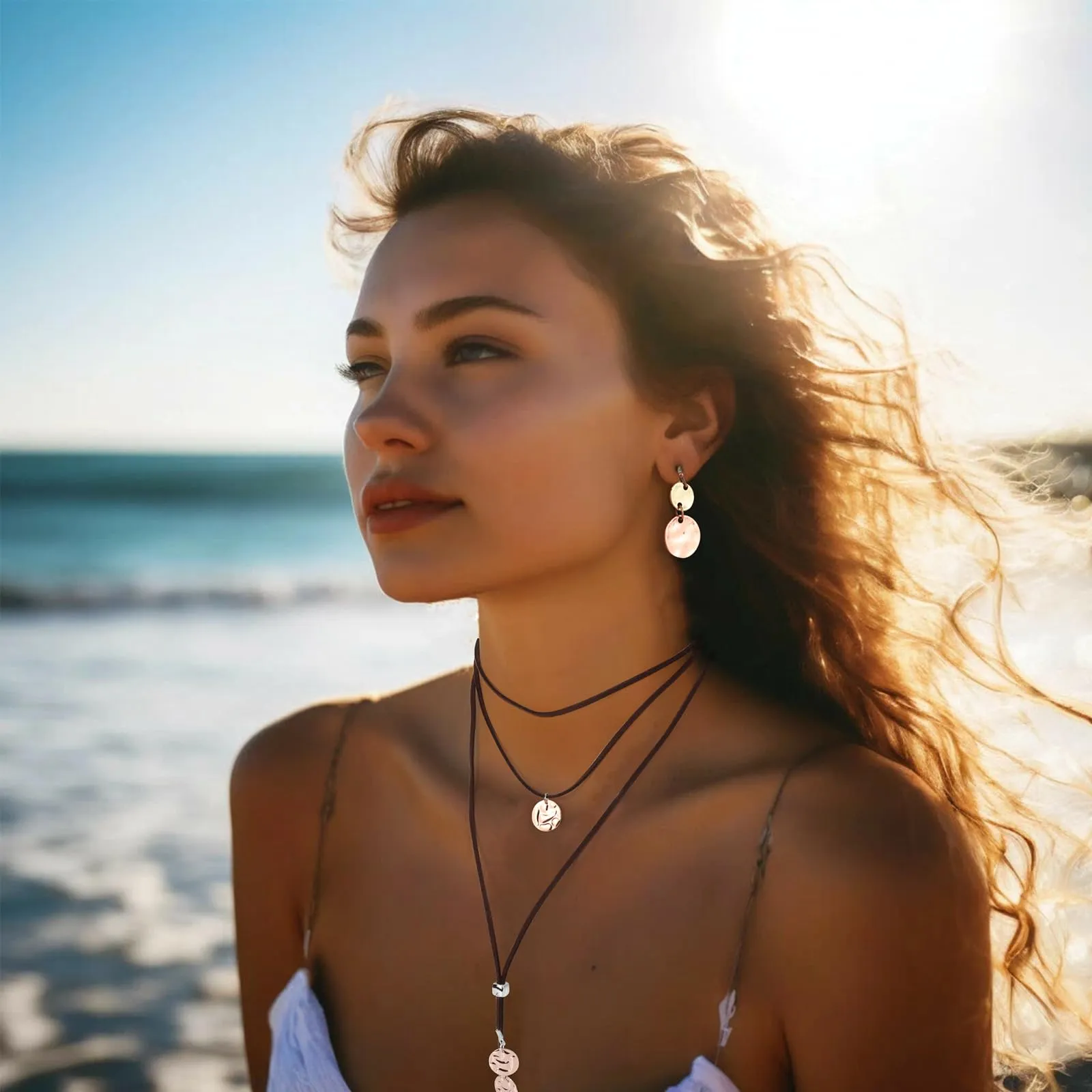 MWOOT Set Gioielli Bohemien per Donne - Collana e Braccialetto in Pelle Multistrato, Orecchini Pendenti a Disco Western - immagine 5