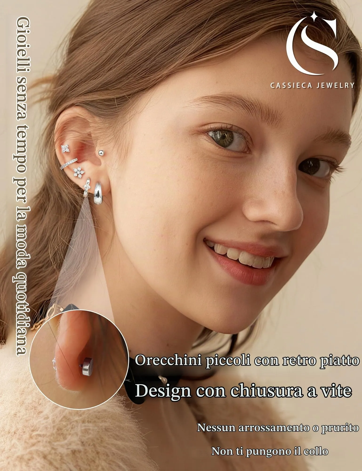 CASSIECA Set 13 Paia Orecchini in Acciaio Chirurgico Argento per Donna e Uomo, Anallergici per Piercing Orecchio e Cartilagine - immagine 3