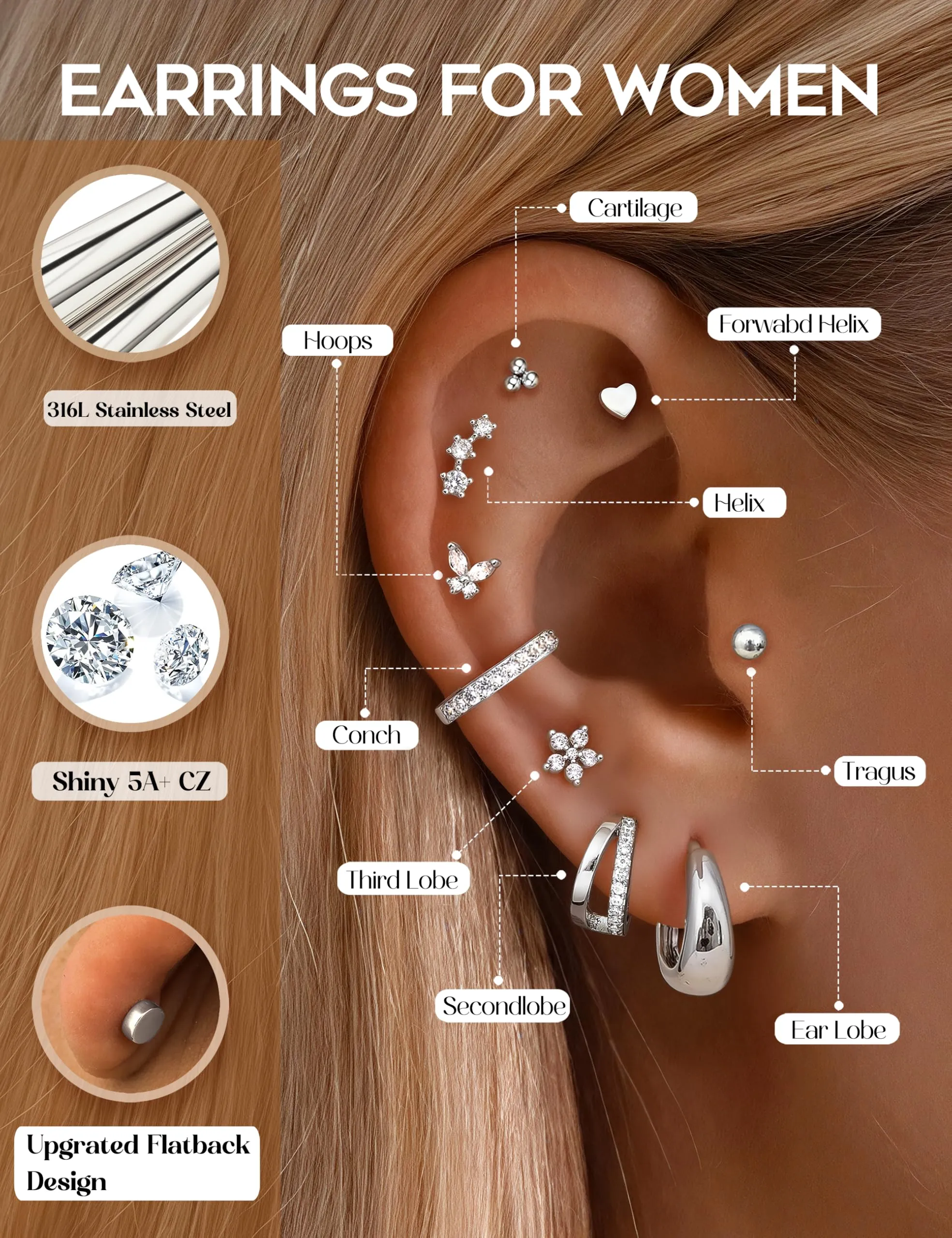 CASSIECA Set 13 Paia Orecchini in Acciaio Chirurgico Argento per Donna e Uomo, Anallergici per Piercing Orecchio e Cartilagine - immagine 4