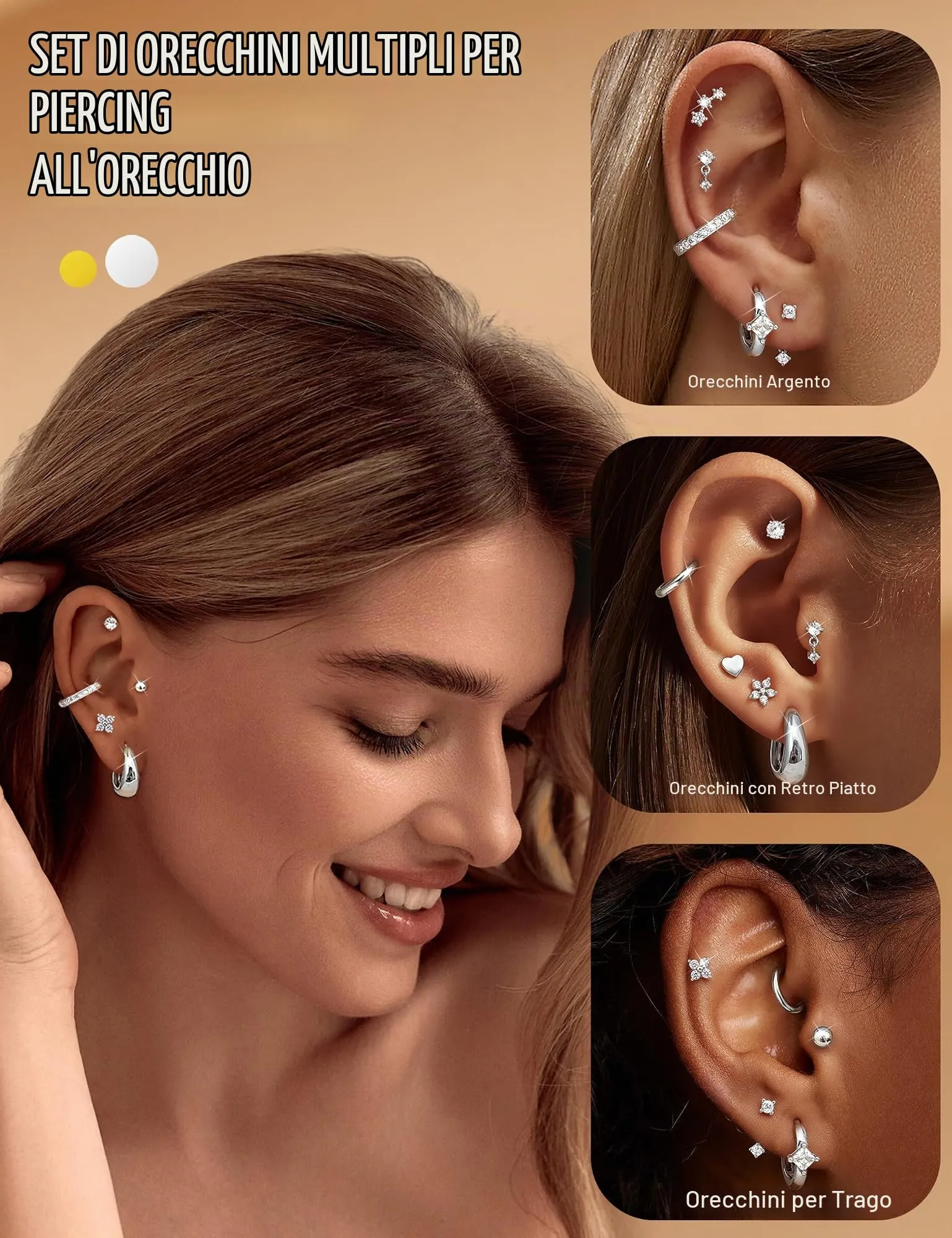 CASSIECA Set 13 Paia Orecchini in Acciaio Chirurgico Argento per Donna e Uomo, Anallergici per Piercing Orecchio e Cartilagine - immagine 5