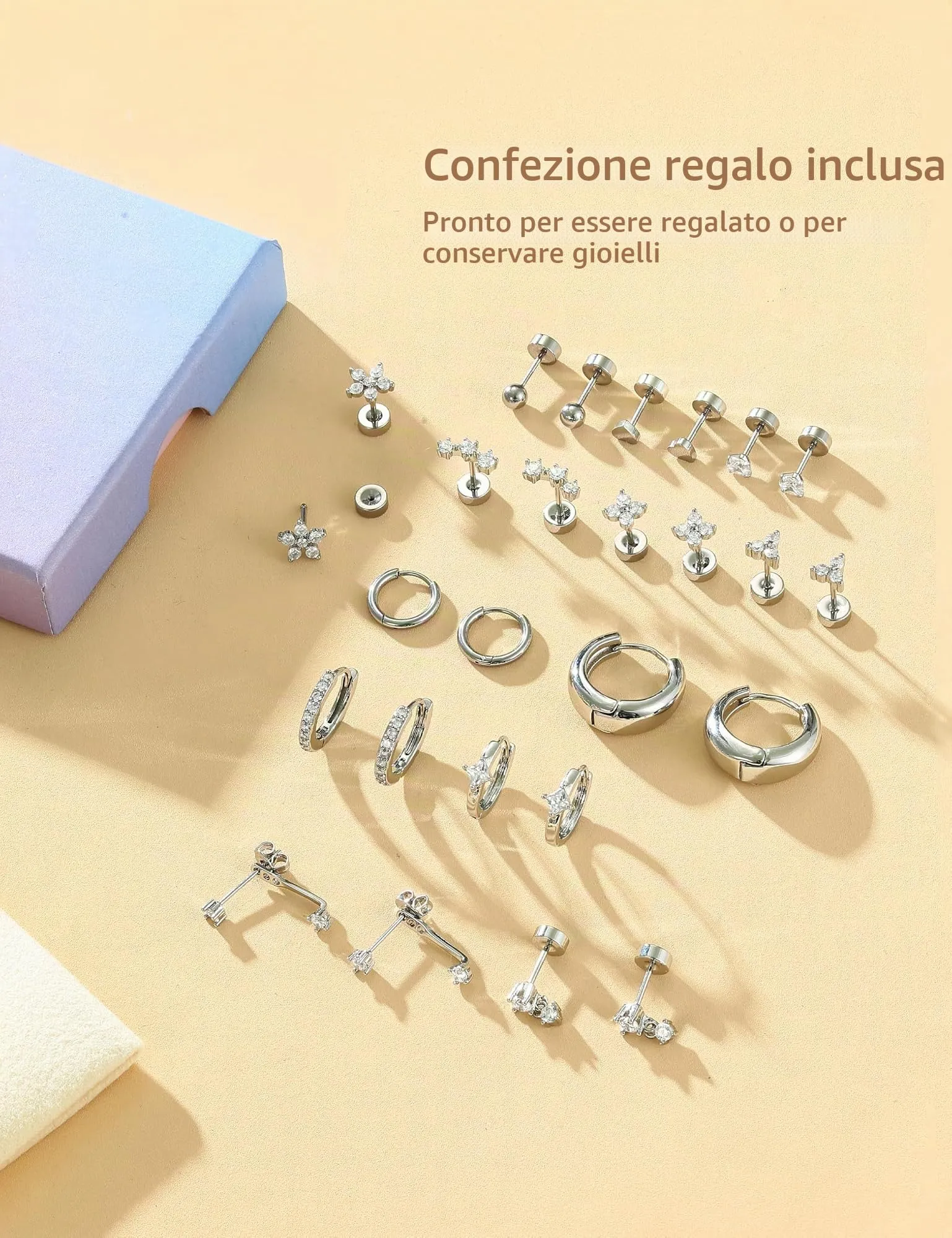 CASSIECA Set 13 Paia Orecchini in Acciaio Chirurgico Argento per Donna e Uomo, Anallergici per Piercing Orecchio e Cartilagine - immagine 6