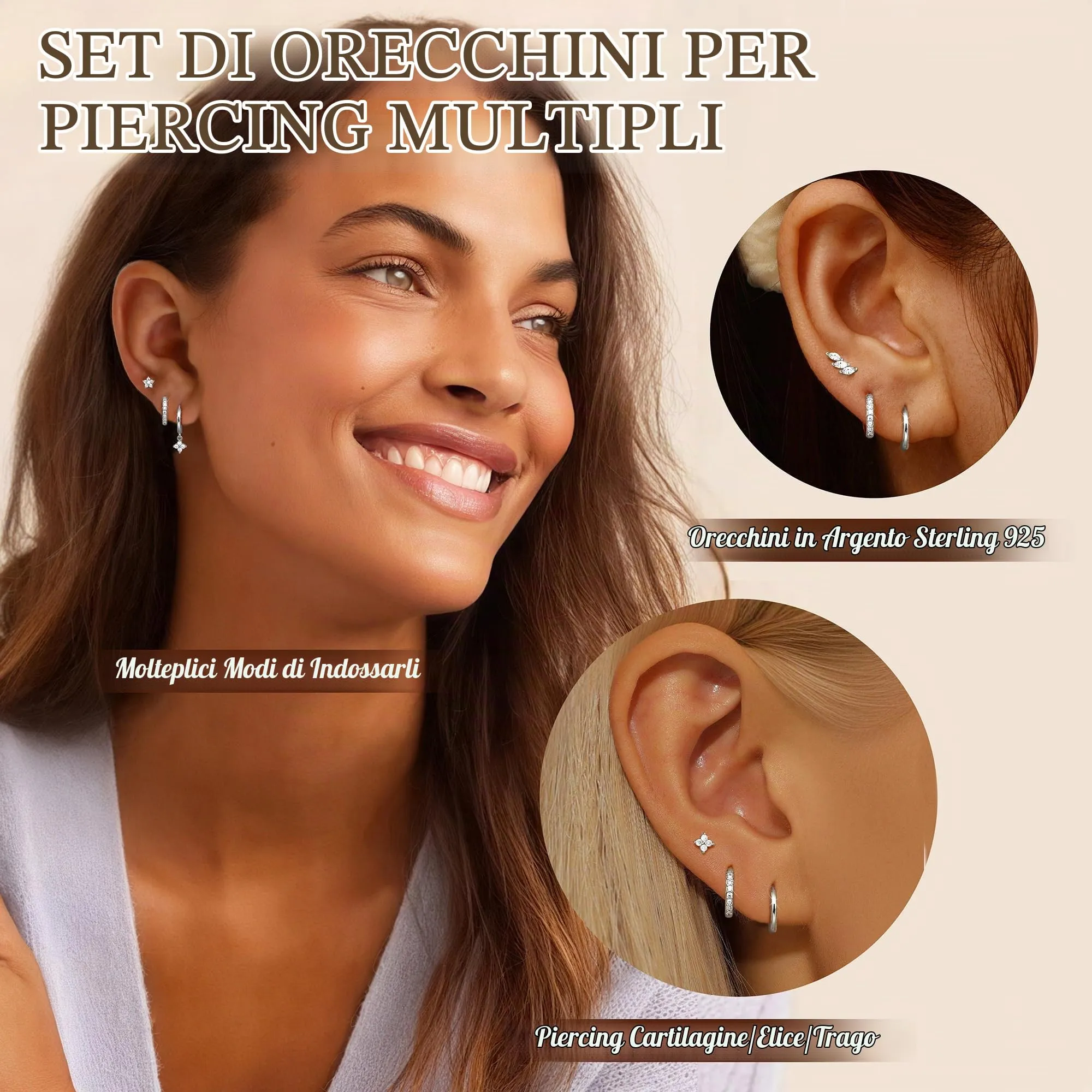 Diamday Set 3 Paia Orecchini Donna Argento 925, Cerchi e Punti luce con Zircone, per Helix Trago e Cartilagine - immagine 2
