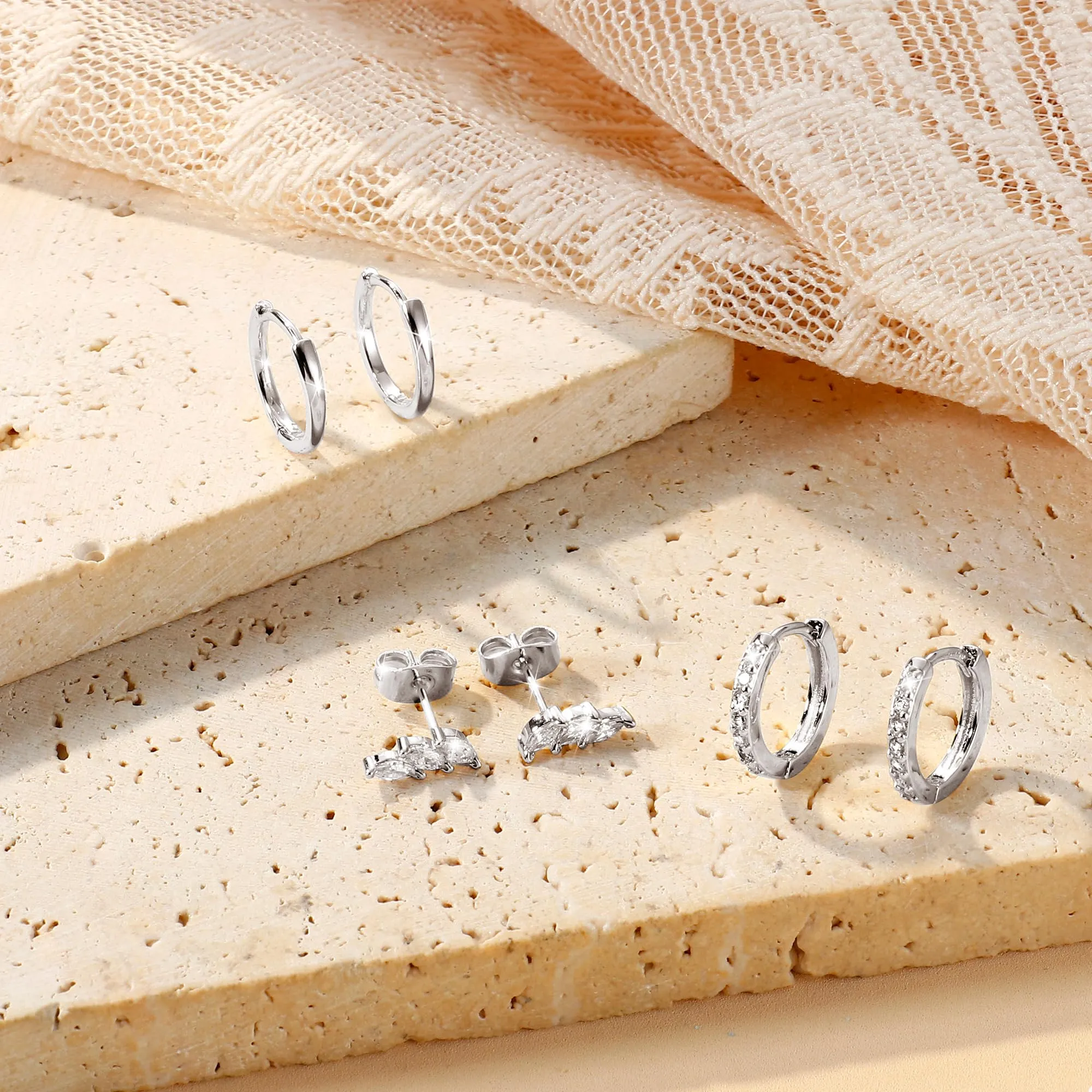 Diamday Set 3 Paia Orecchini Donna Argento 925, Cerchi e Punti luce con Zircone, per Helix Trago e Cartilagine - immagine 7