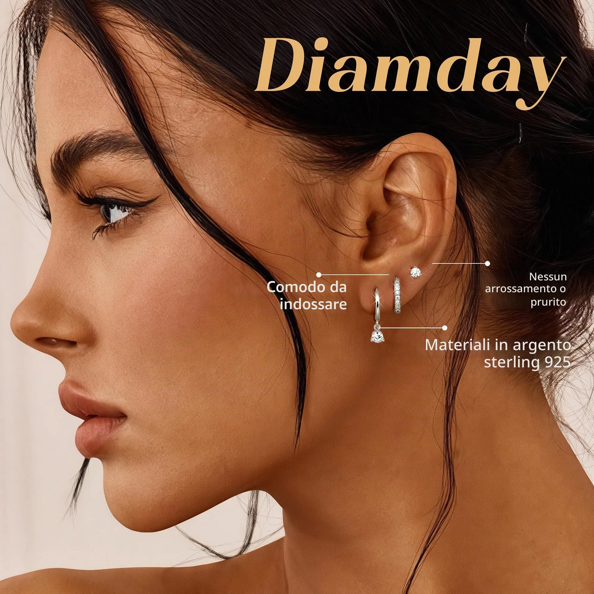 Diamday Set 3 Paia Orecchini Donna Argento 925, Cerchi e Perno con Zirconi per Helix Trago Cartilagine - immagine 3