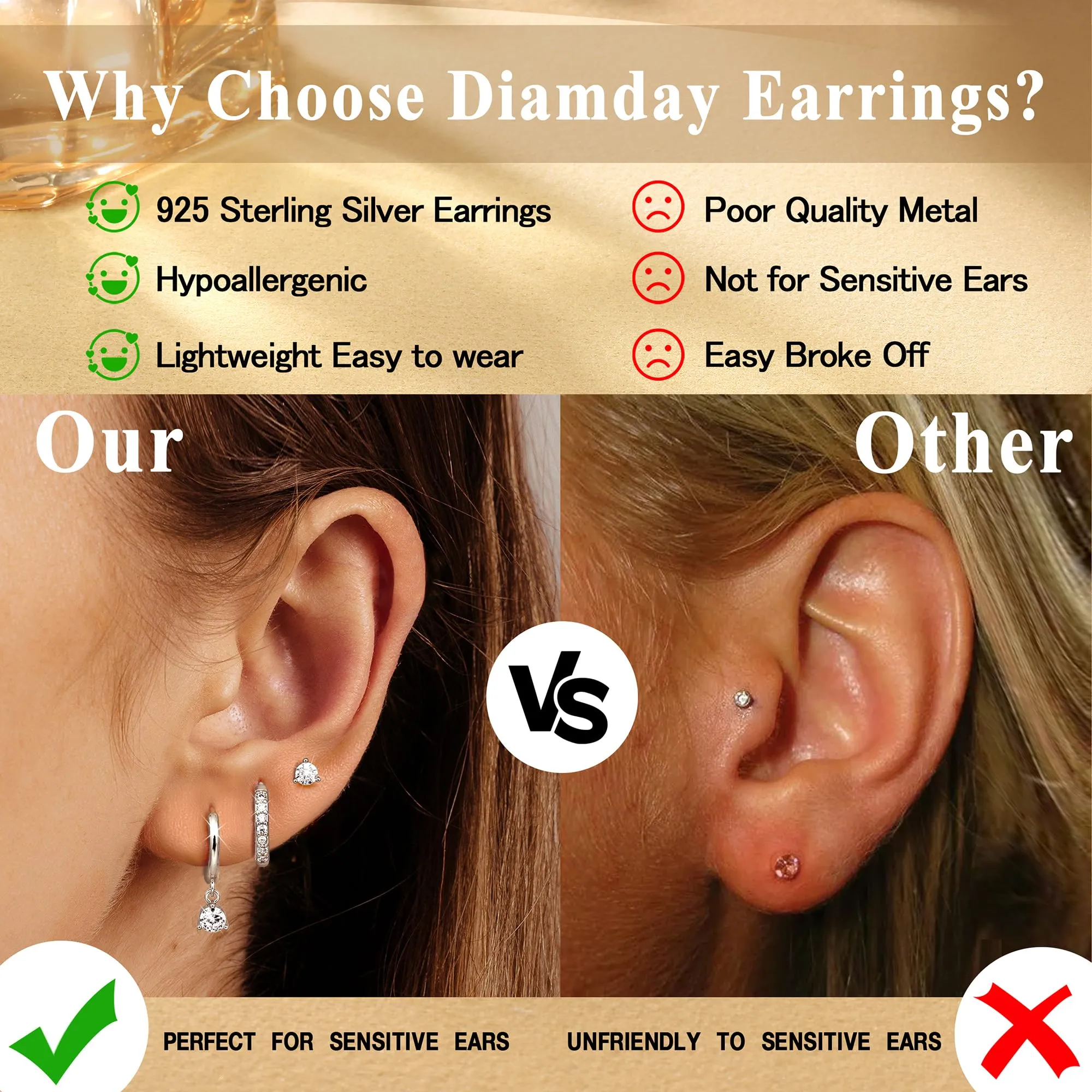 Diamday Set 3 Paia Orecchini Donna Argento 925, Cerchi e Perno con Zirconi per Helix Trago Cartilagine - immagine 5