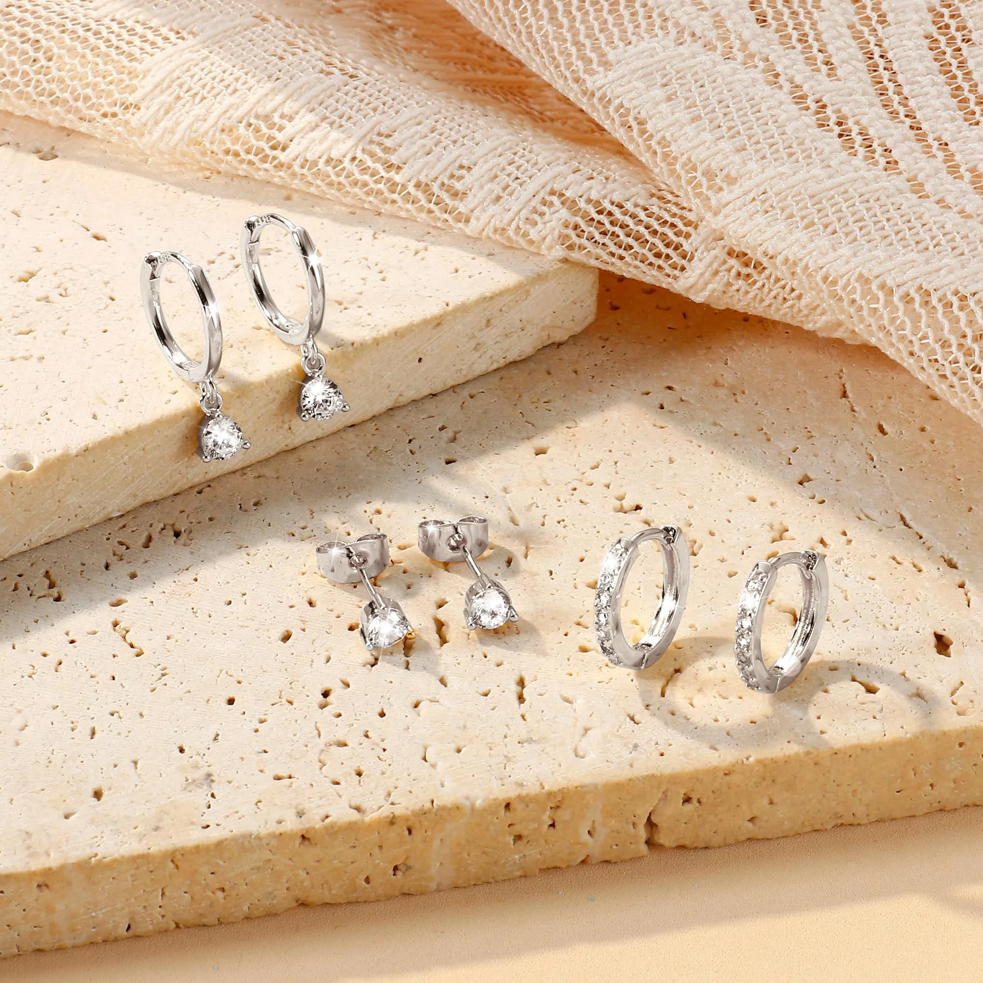 Diamday Set 3 Paia Orecchini Donna Argento 925, Cerchi e Perno con Zirconi per Helix Trago Cartilagine - immagine 6
