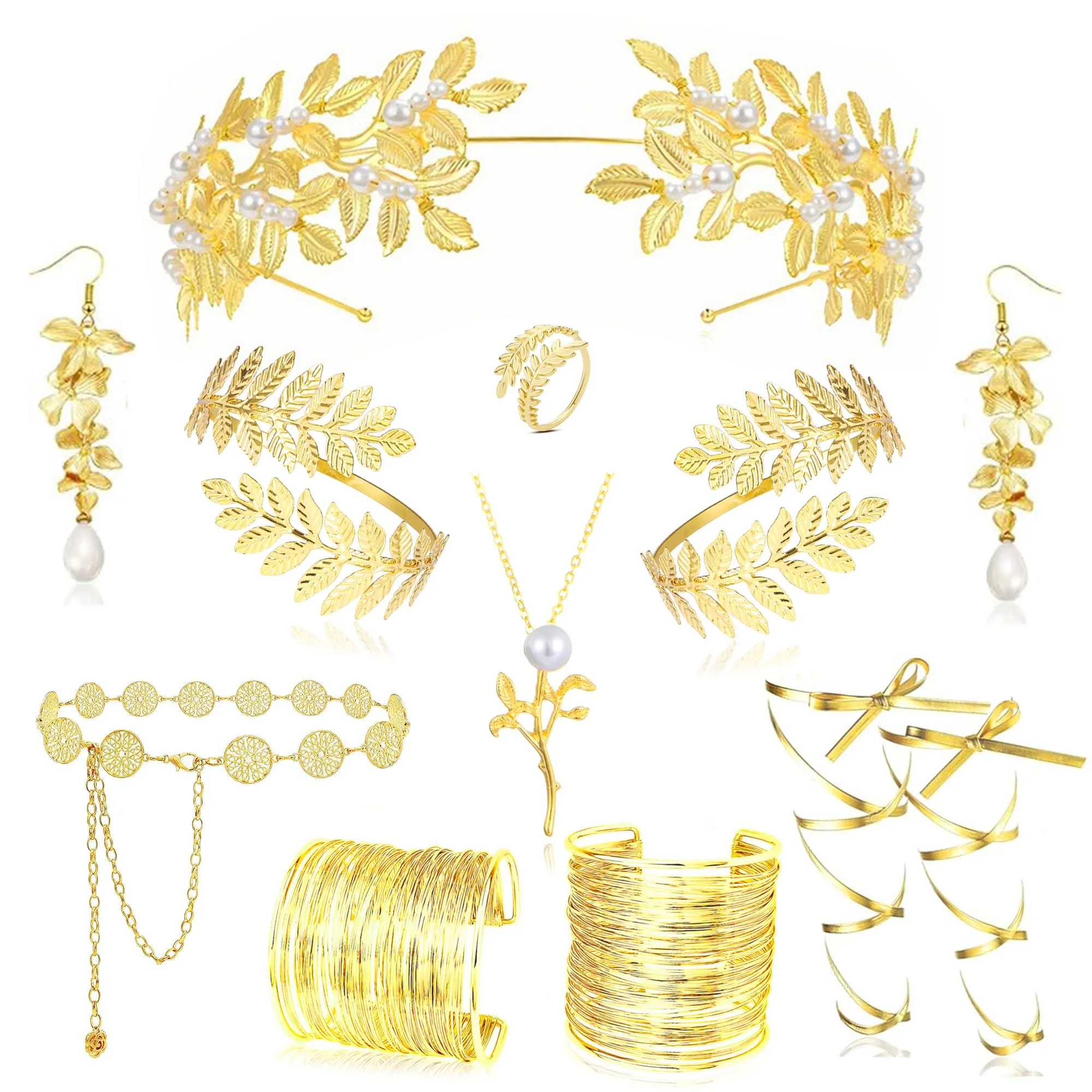 LOFITOR Set Accessori Dea Greca 11 Pezzi - Corona d'Alloro, Collana, Bracciali, Cintura Dorata, Orecchini Pendenti con Perle - immagine 1