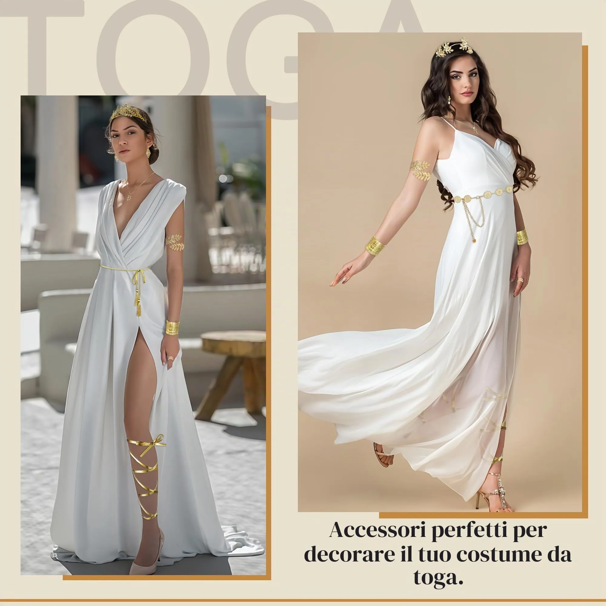 LOFITOR Set Accessori Dea Greca 11 Pezzi - Corona d'Alloro, Collana, Bracciali, Cintura Dorata, Orecchini Pendenti con Perle - immagine 5