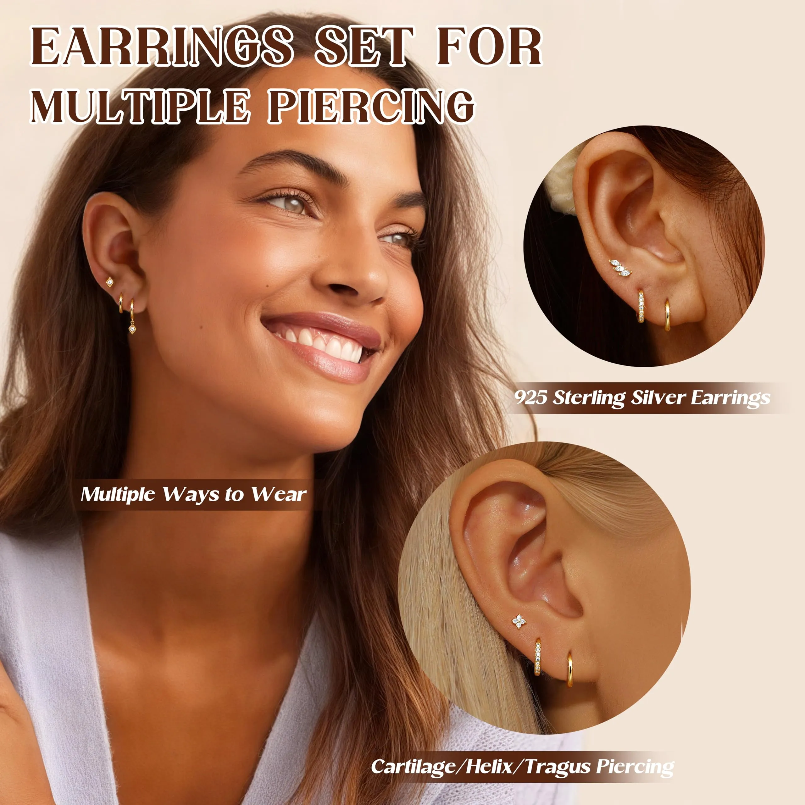 Diamday Orecchini Cerchio Argento 925, Set 3 Paia Anallergici per Piercing Helix, Trago e Cartilagine - immagine 2