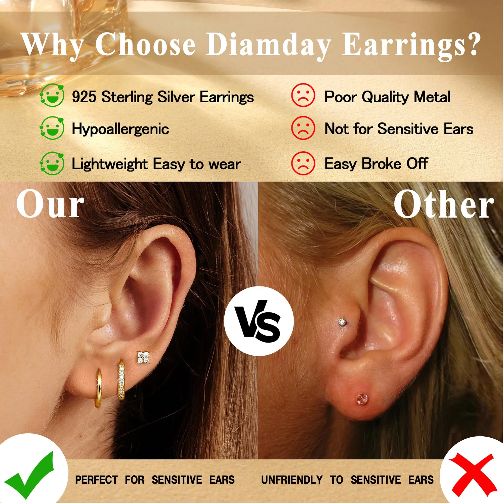Diamday Orecchini Cerchio Argento 925, Set 3 Paia Anallergici per Piercing Helix, Trago e Cartilagine - immagine 5