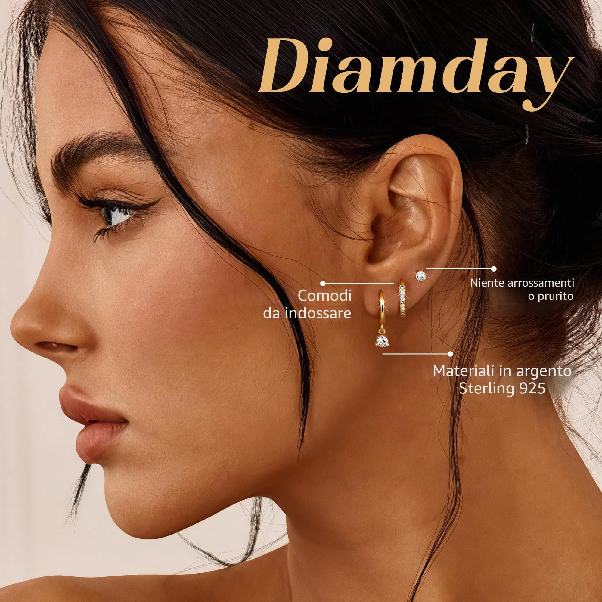 Diamday Set 3 Paia Orecchini Argento 925 e Oro per Helix Trago Cartilagine - immagine 3