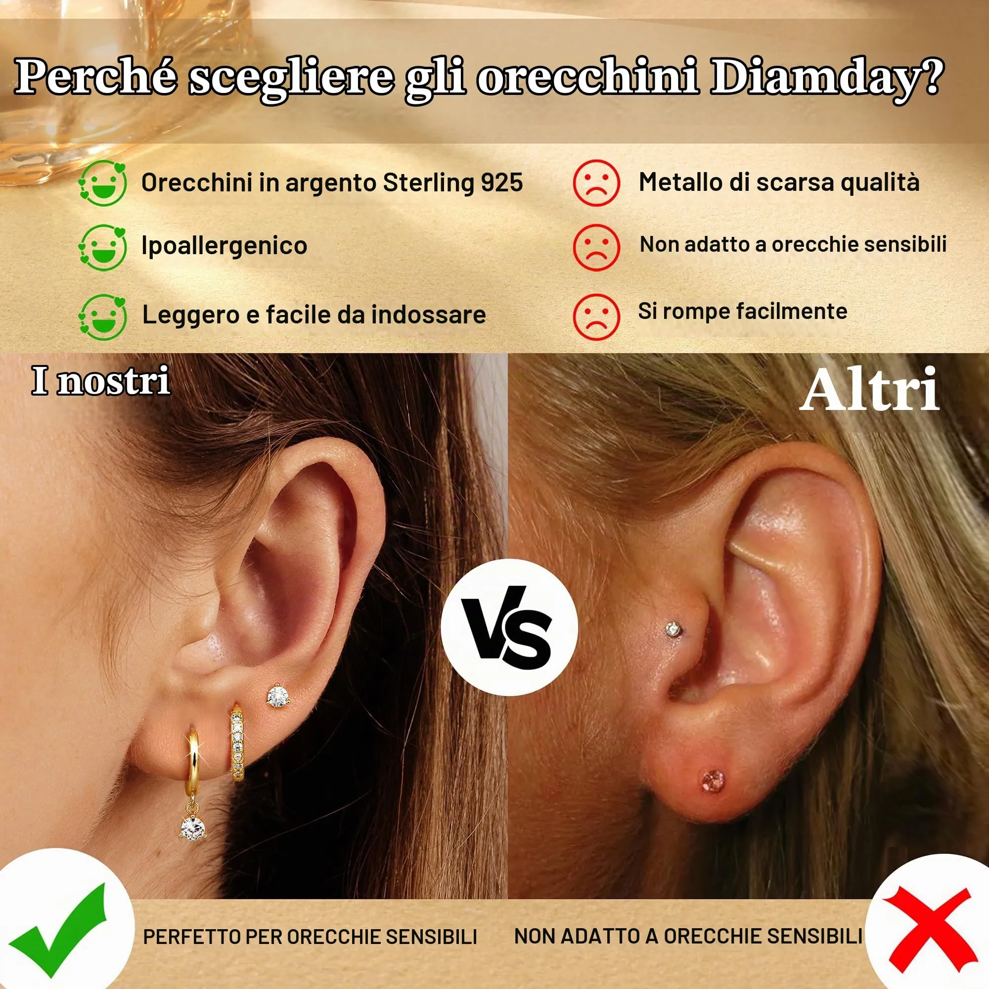 Diamday Set 3 Paia Orecchini Argento 925 e Oro per Helix Trago Cartilagine - immagine 5
