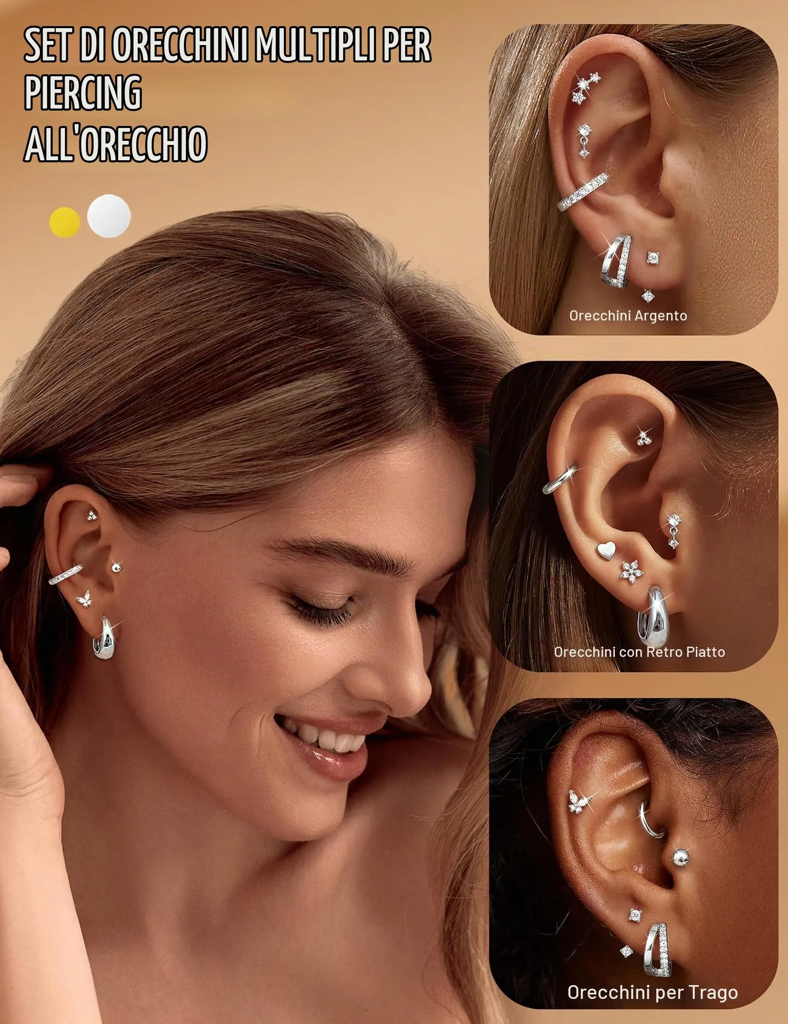 CASSIECA Set 13 Paia Orecchini in Acciaio Chirurgico Anallergici Argento per Piercing Orecchio e Cartilagine - immagine 5