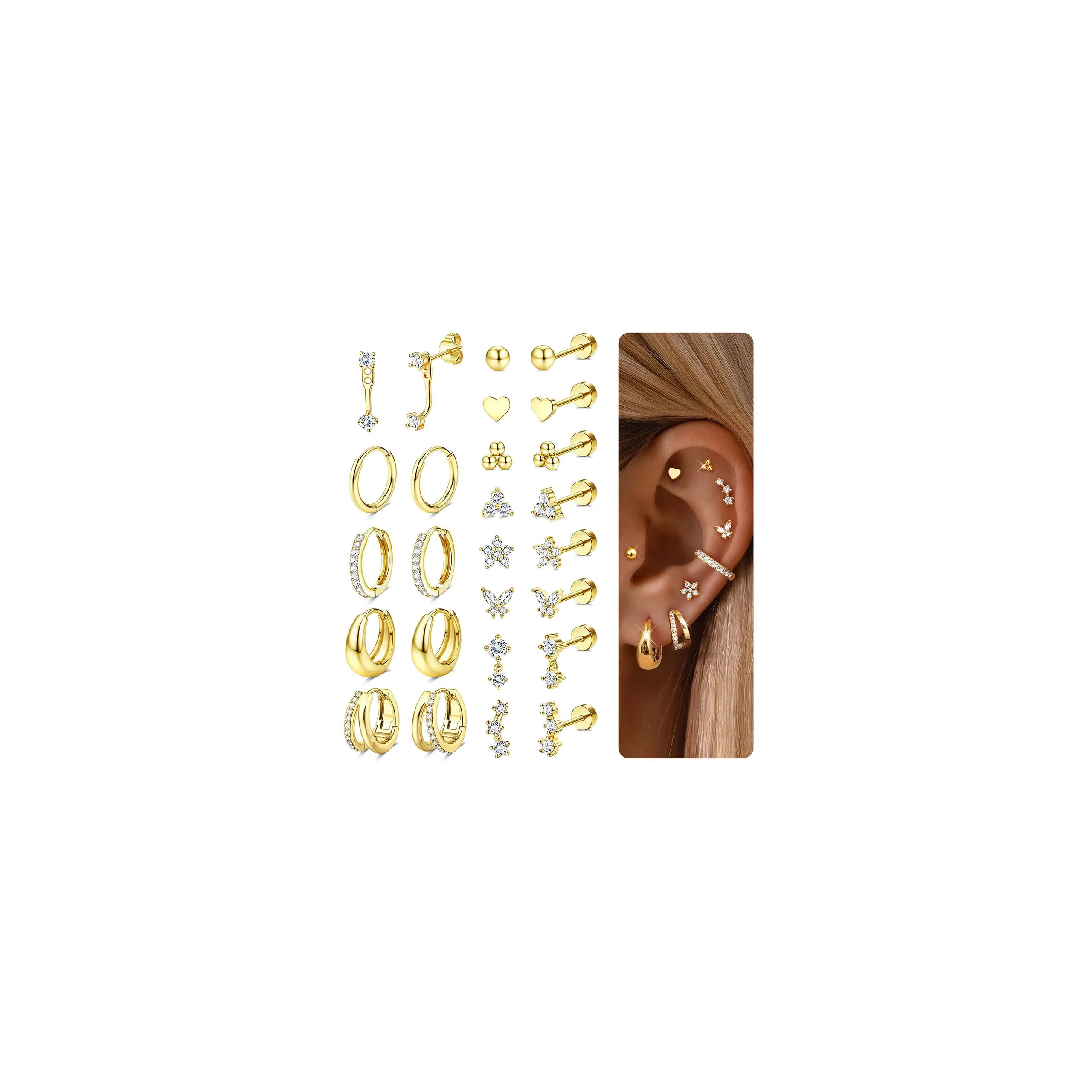 CASSIECA Set 13 Paia Orecchini in Acciaio Chirurgico 316L Placcati Oro 14K, Anallergici per Piercing Cartilagine e Fori Multipli - immagine 1