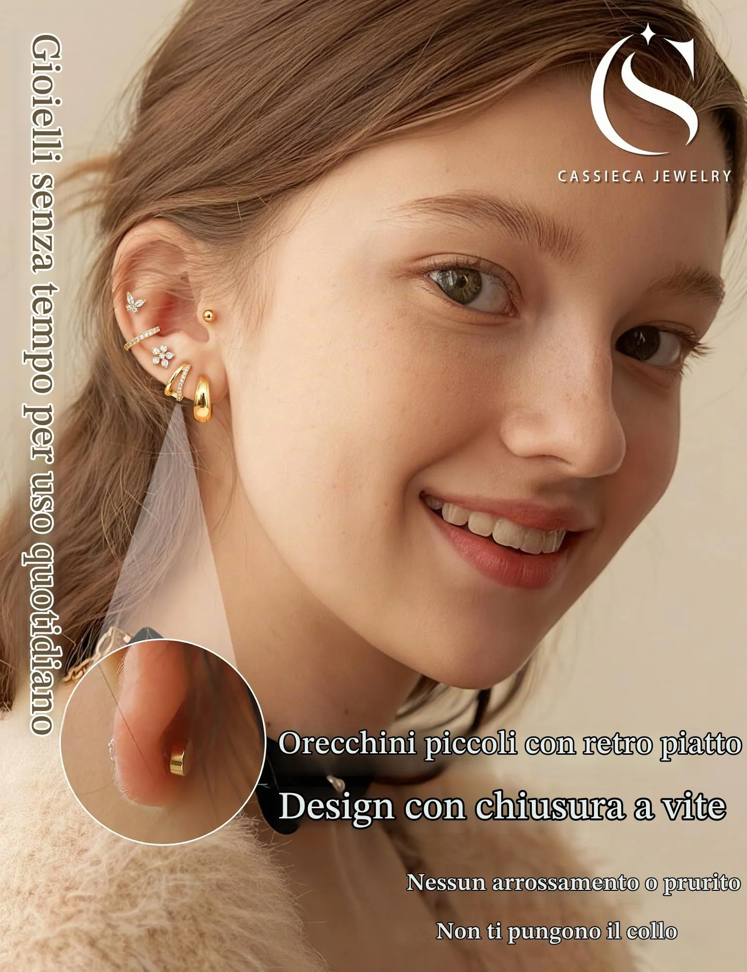 CASSIECA Set 13 Paia Orecchini in Acciaio Chirurgico 316L Placcati Oro 14K, Anallergici per Piercing Cartilagine e Fori Multipli - immagine 3