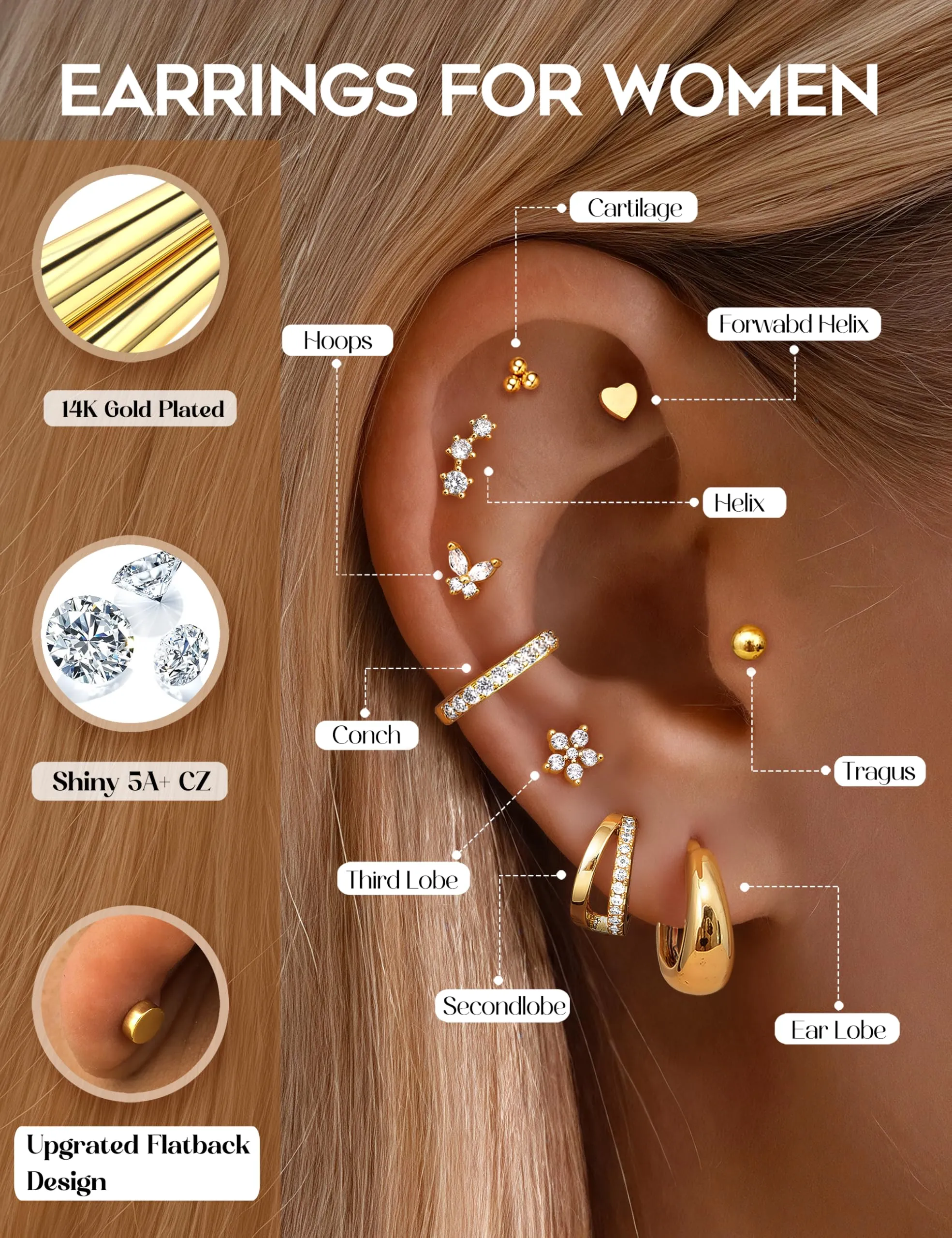 CASSIECA Set 13 Paia Orecchini in Acciaio Chirurgico 316L Placcati Oro 14K, Anallergici per Piercing Cartilagine e Fori Multipli - immagine 4