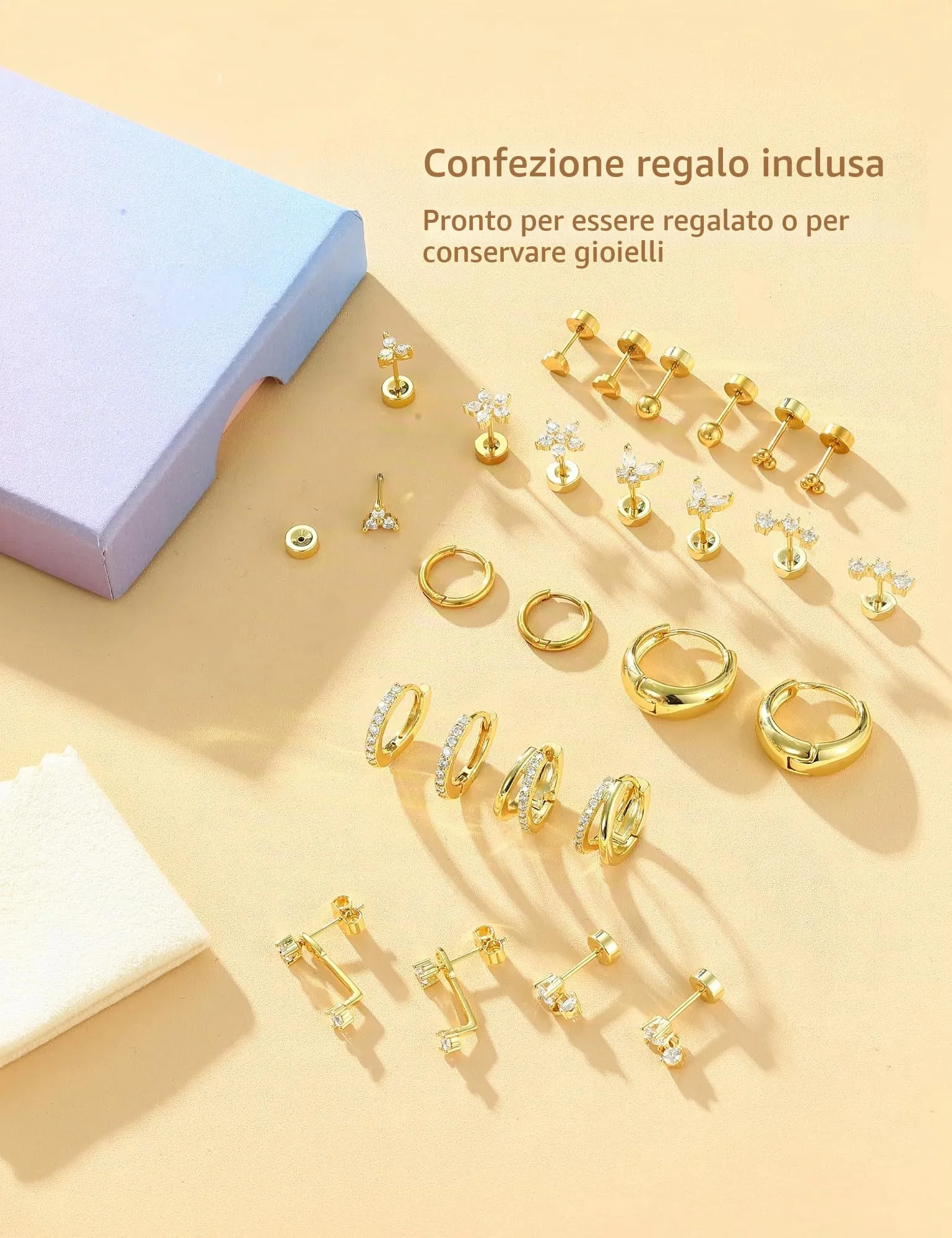 CASSIECA Set 13 Paia Orecchini in Acciaio Chirurgico 316L Placcati Oro 14K, Anallergici per Piercing Cartilagine e Fori Multipli - immagine 6