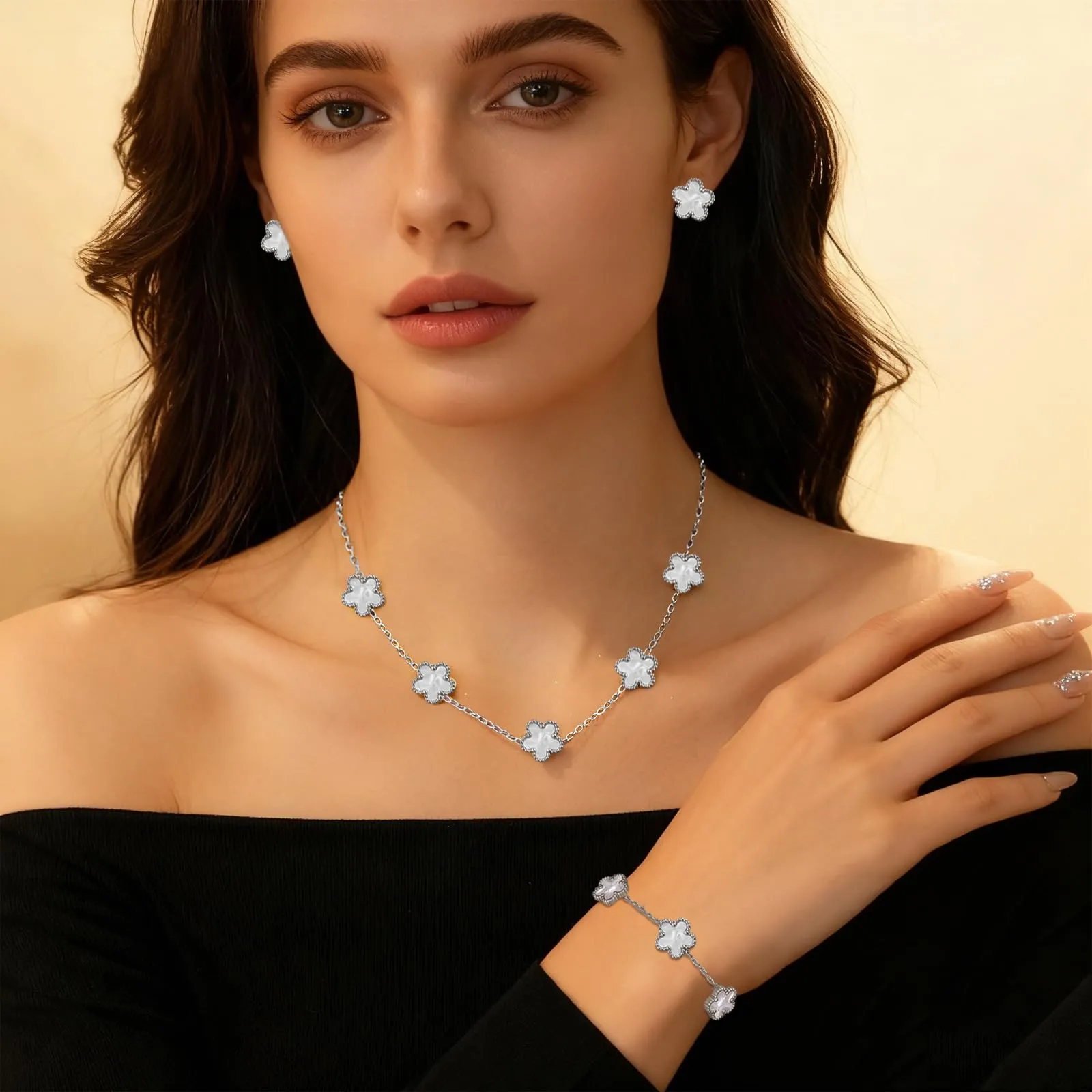 JYIXXZX Parure Gioielli Quadrifoglio da Donna in Acciaio Inossidabile Placcato Argento - Set Collana, Orecchini e Bracciale (C) - immagine 3