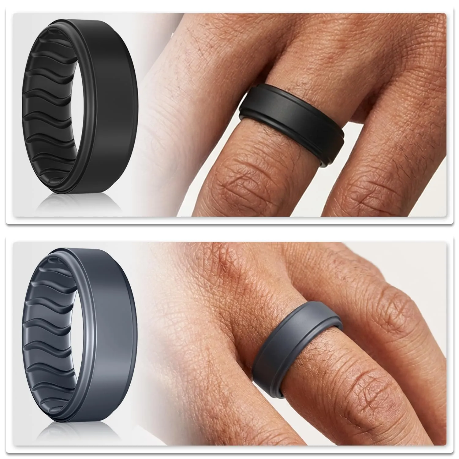 Dookeh Anello in silicone per uomo, design ondulato traspirante, nero e blu - immagine 3