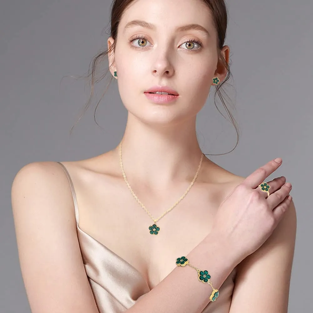 QKEPCY Set Gioielli Donna Fiore Margherita 5 Pezzi - Collana, Bracciale Rigido, Orecchini e Anello - immagine 7