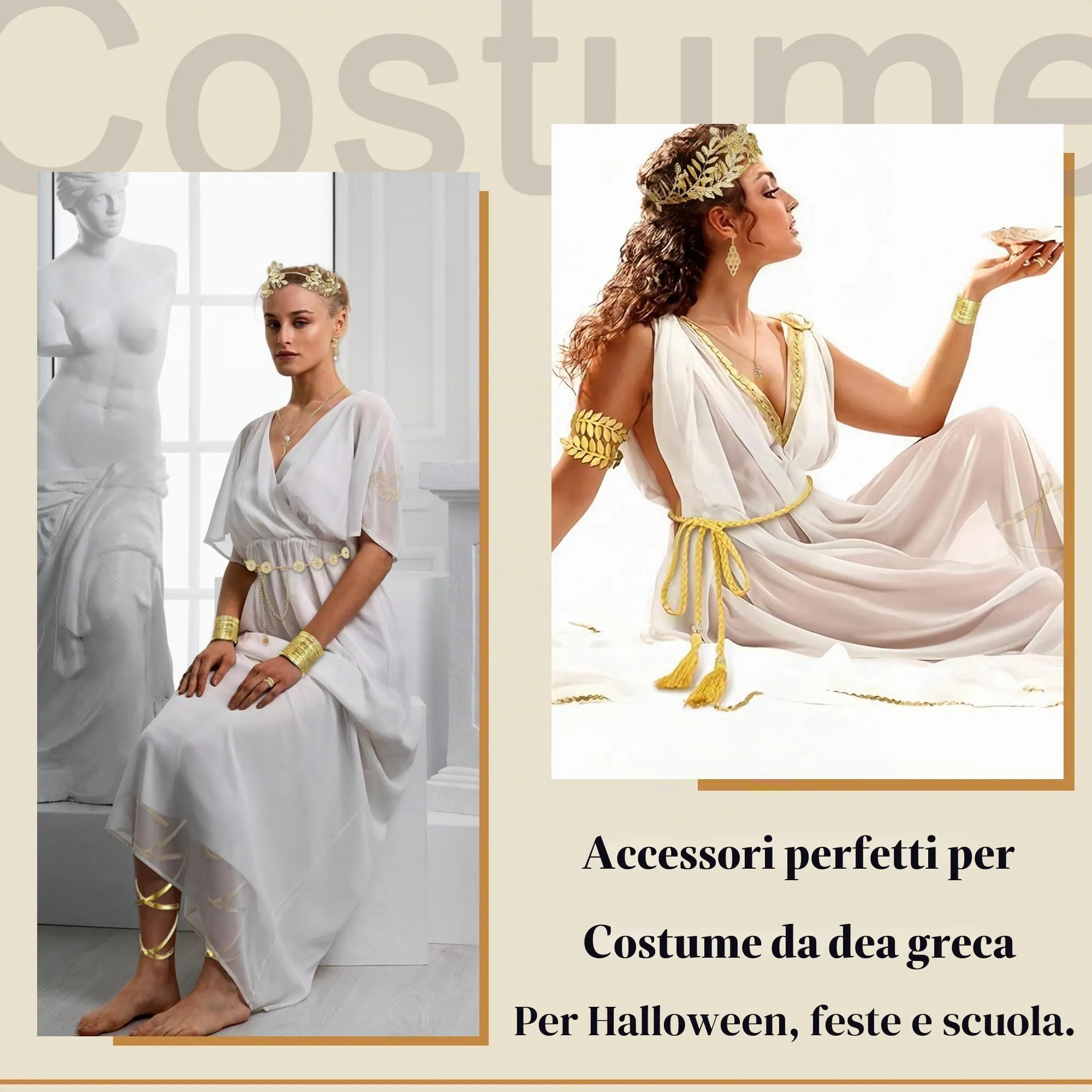 LOFITOR Set Accessori Dea Greca 11 Pezzi per Donne - Corona d'Alloro, Collana, Bracciali, Cintura Dorata, Orecchini Pendenti con Perle - immagine 6