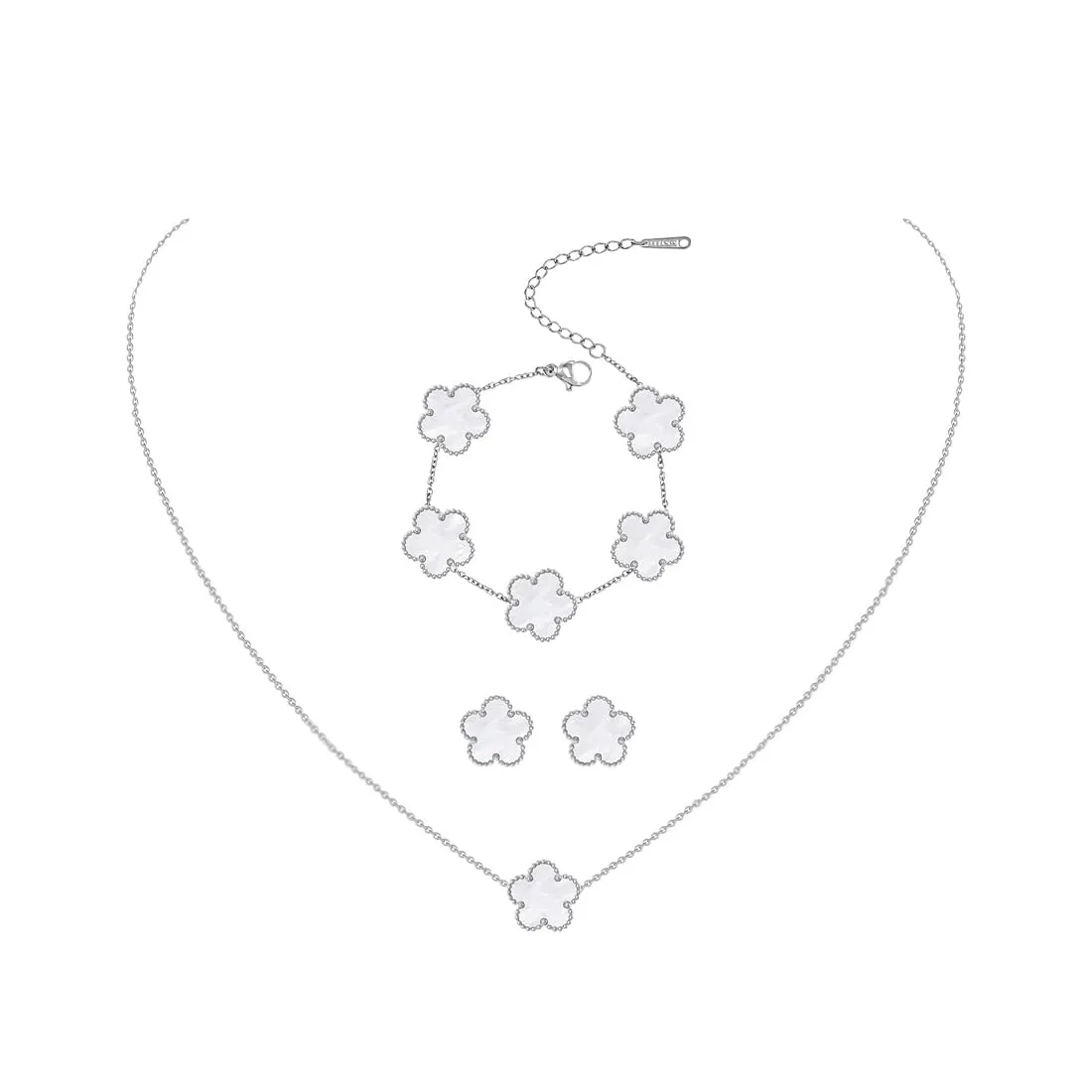 JYIXXZX Set di Gioielli Quadrifoglio da Donna in Acciaio Inossidabile Placcato Argento - Collana, Orecchini e Bracciale Regolabili (F) - immagine 1