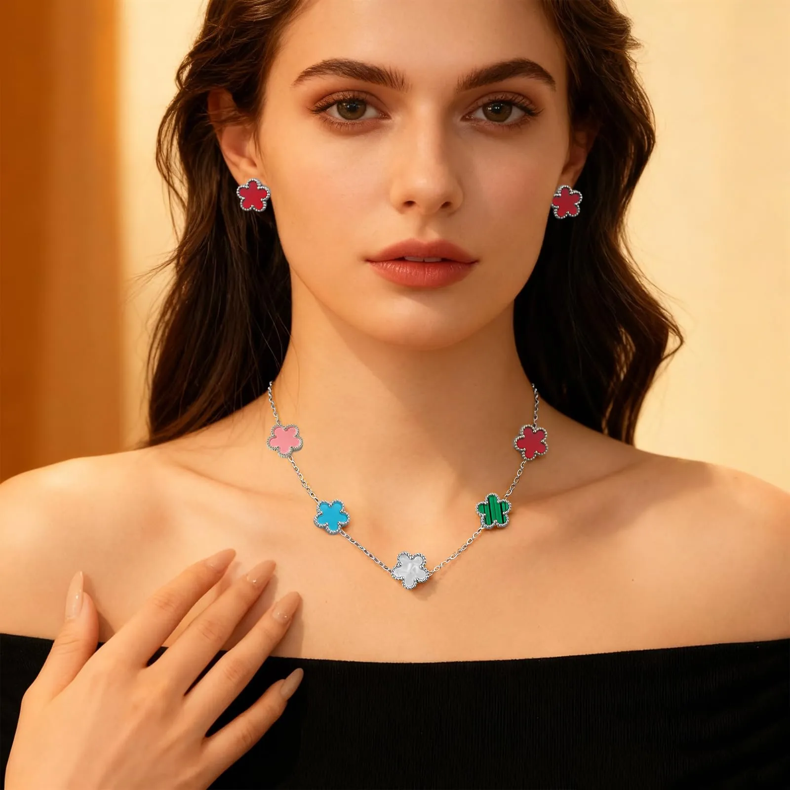 JYIXXZX Parure Gioielli Quadrifoglio da Donna in Acciaio Inossidabile Placcato Argento - Set Collana, Orecchini e Bracciale (A) - immagine 2