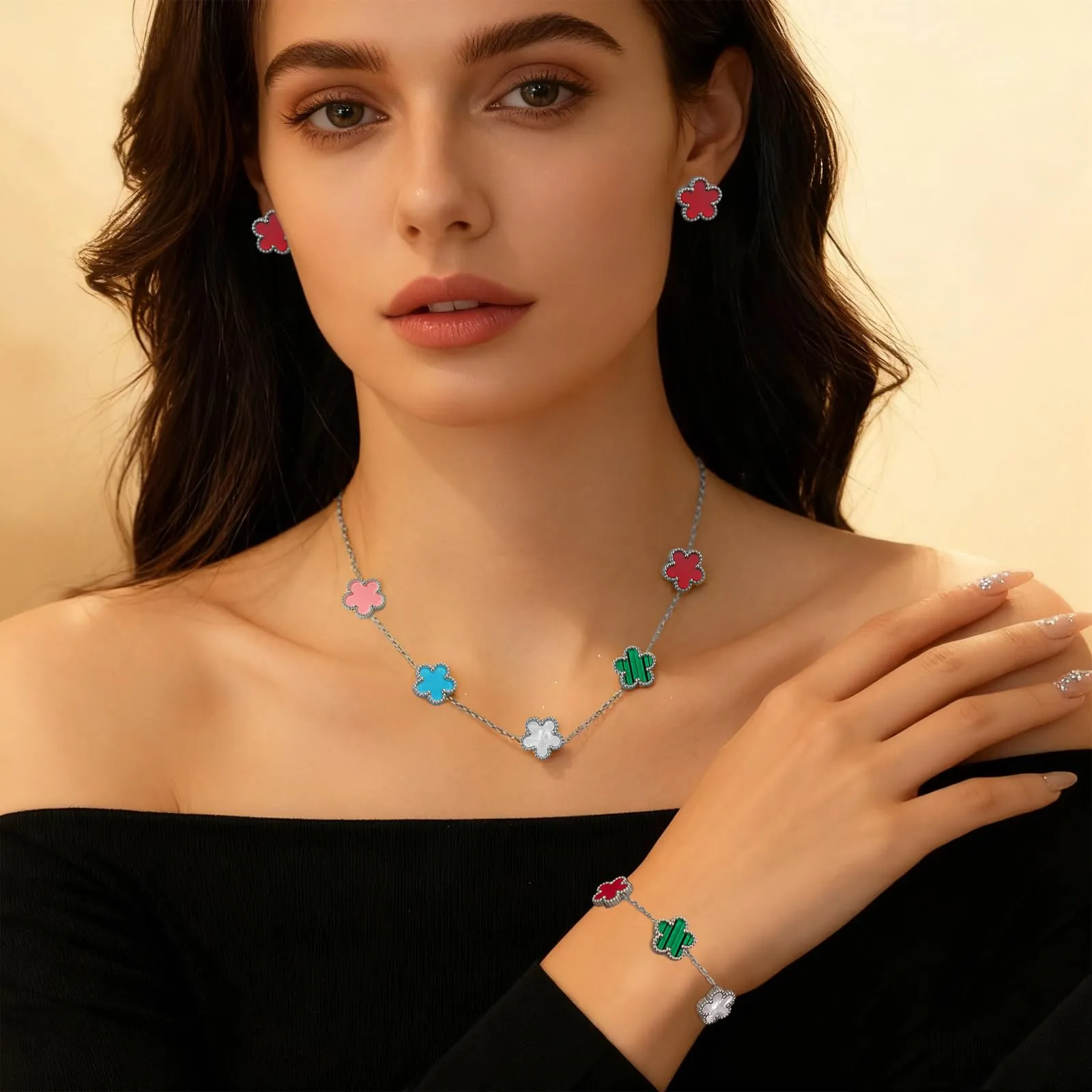 JYIXXZX Parure Gioielli Quadrifoglio da Donna in Acciaio Inossidabile Placcato Argento - Set Collana, Orecchini e Bracciale (A) - immagine 3